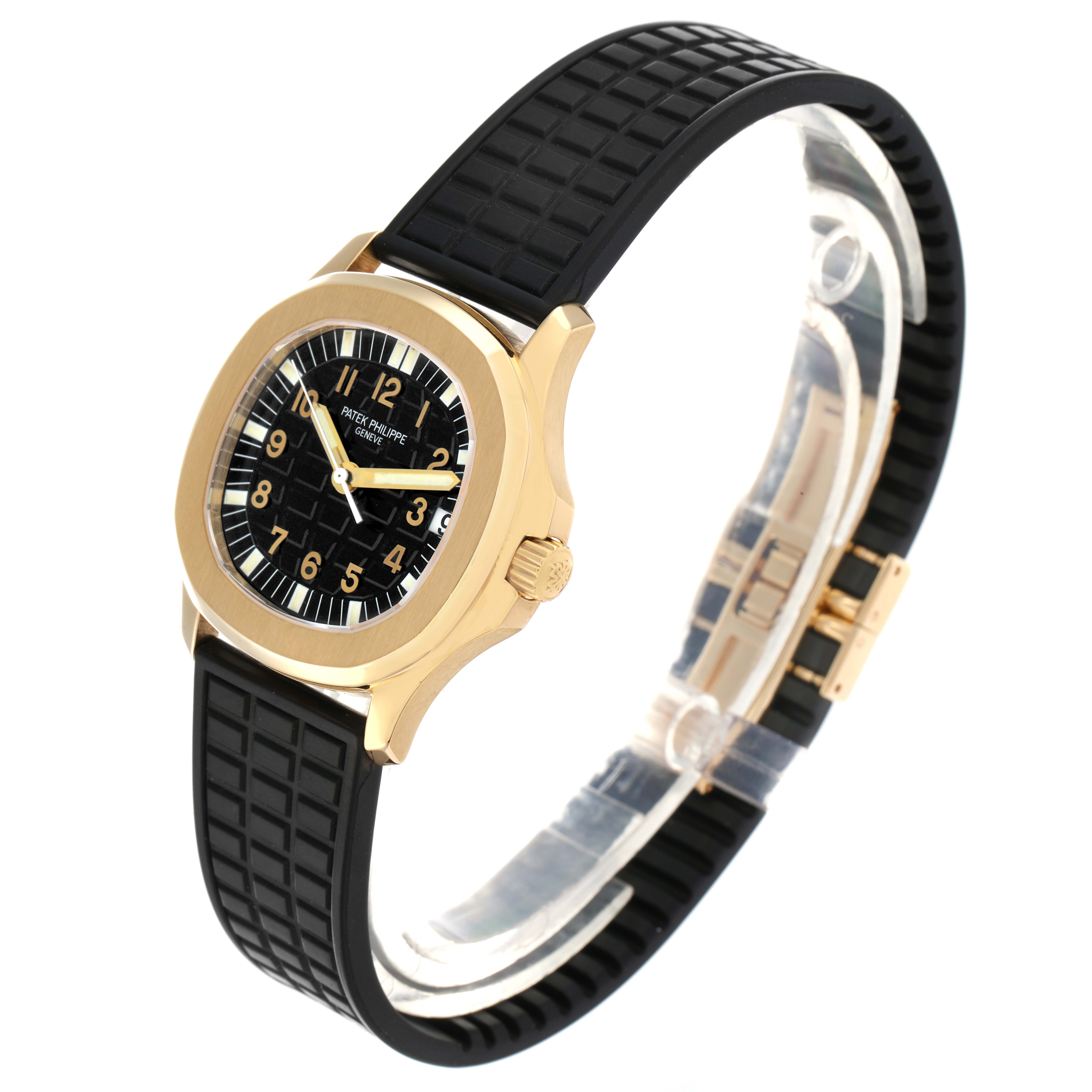 The Patek Philippe Aquanaut 5066J Men
s Yellow Gold Black Dial watch is shown at a three-quarter angle, displaying the case, dial, strap, and clasp.