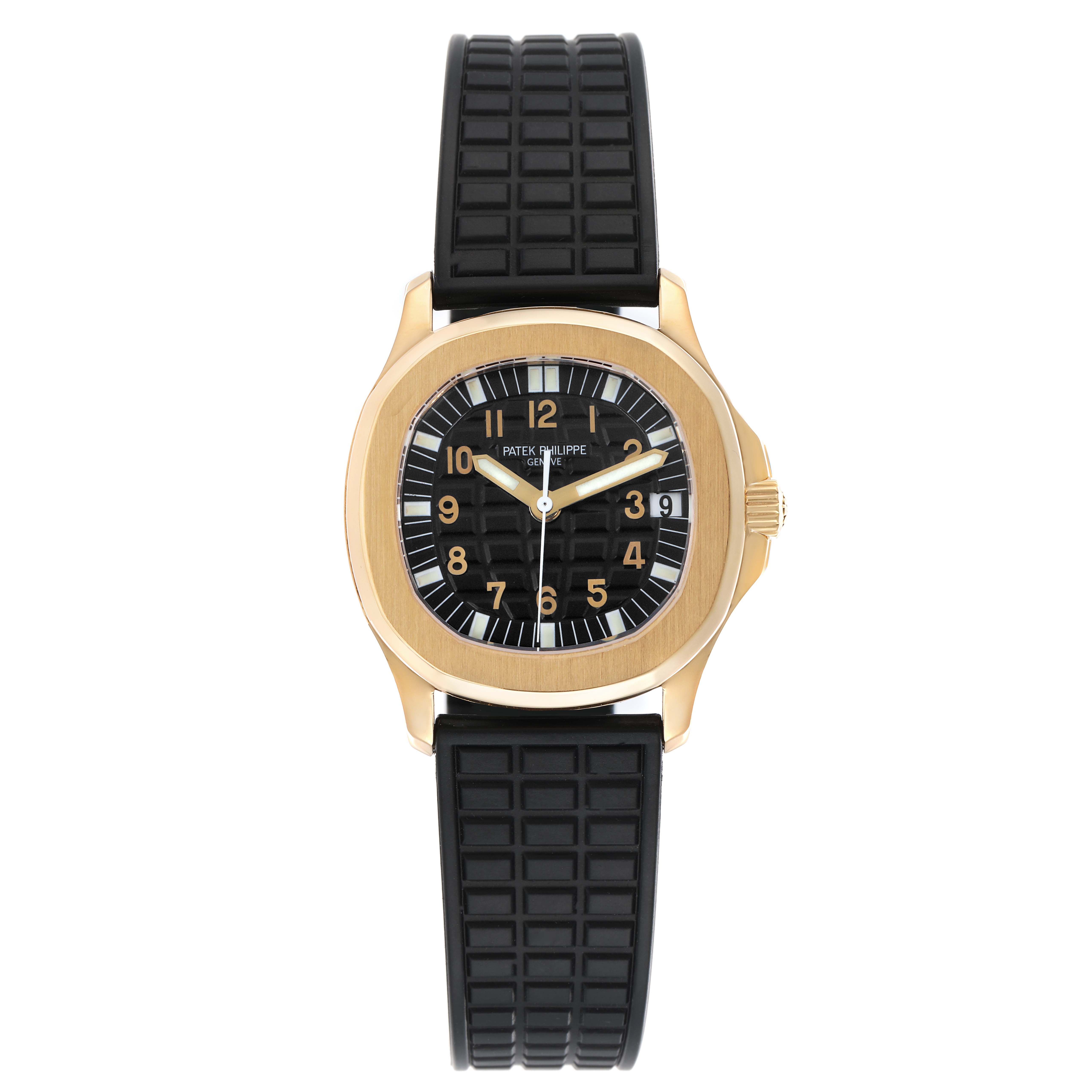 The image shows a front view of the Patek Philippe Aquanaut 5066J Men
s Yellow Gold Black Dial, displaying the entire watch face, case, and black rubber strap.