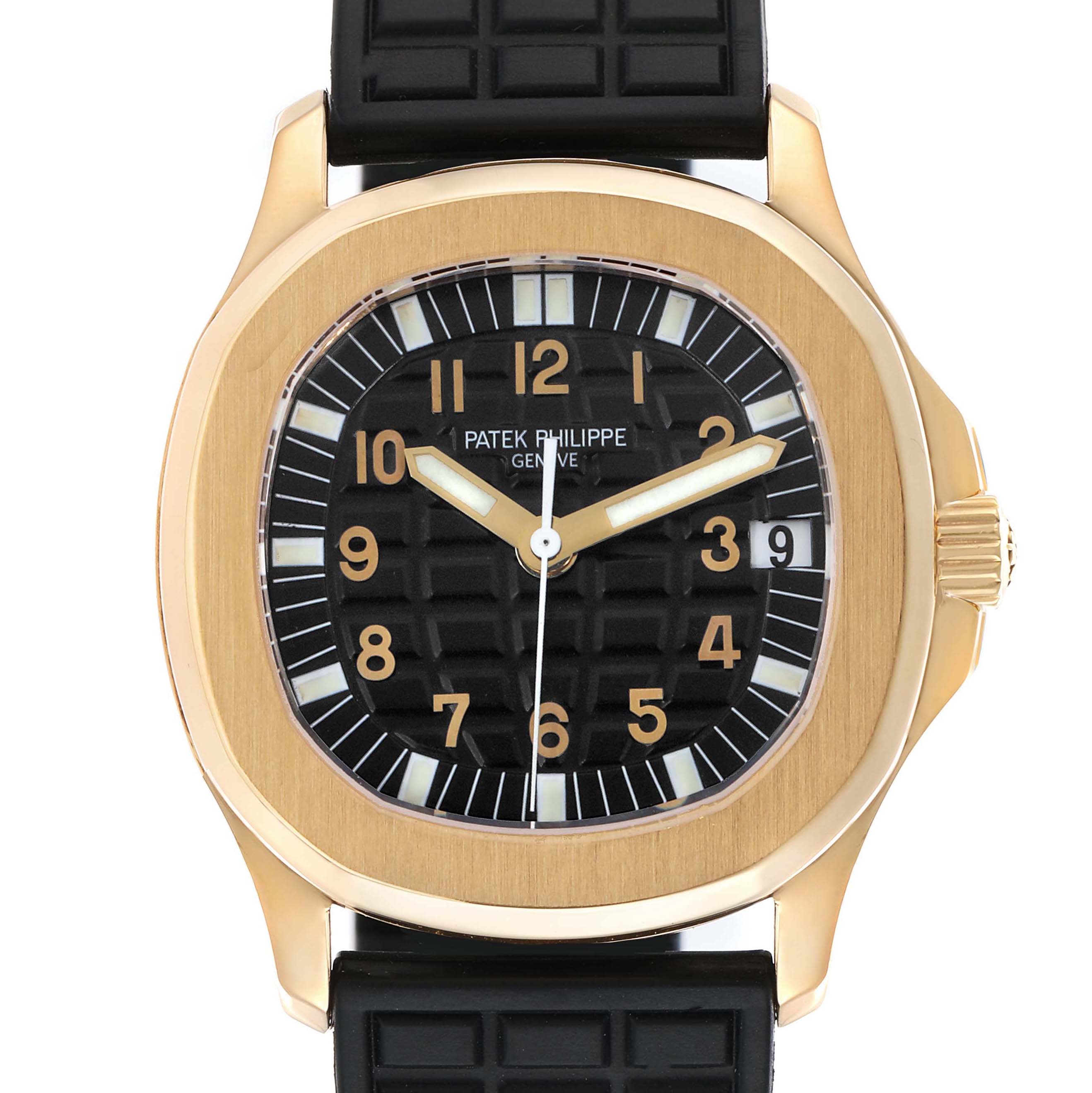 The Patek Philippe Aquanaut 5066J Men
s Yellow Gold Black Dial watch is shown from a front angle, displaying its dial, hands, and bezel clearly.
