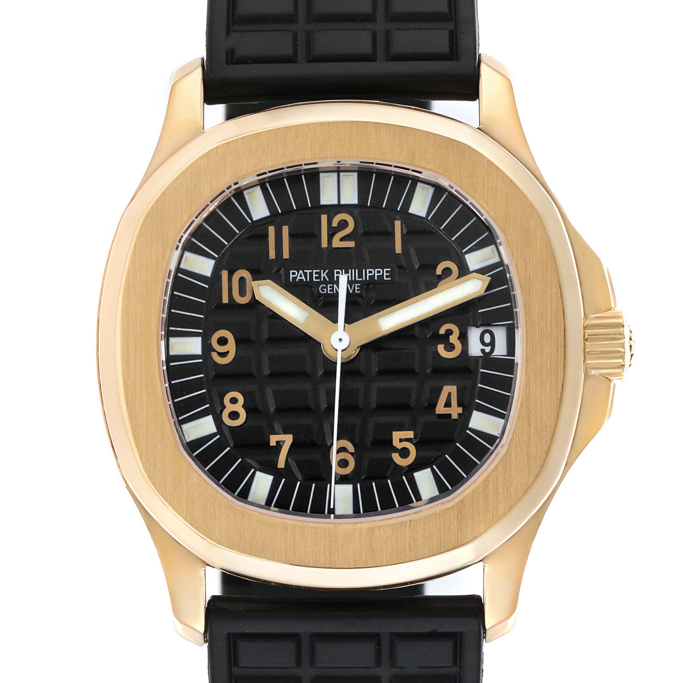 The image shows a front view of the Patek Philippe Aquanaut 5066J-001 Men's Yellow Gold Black Dial, highlighting the dial, case, and strap attachment.