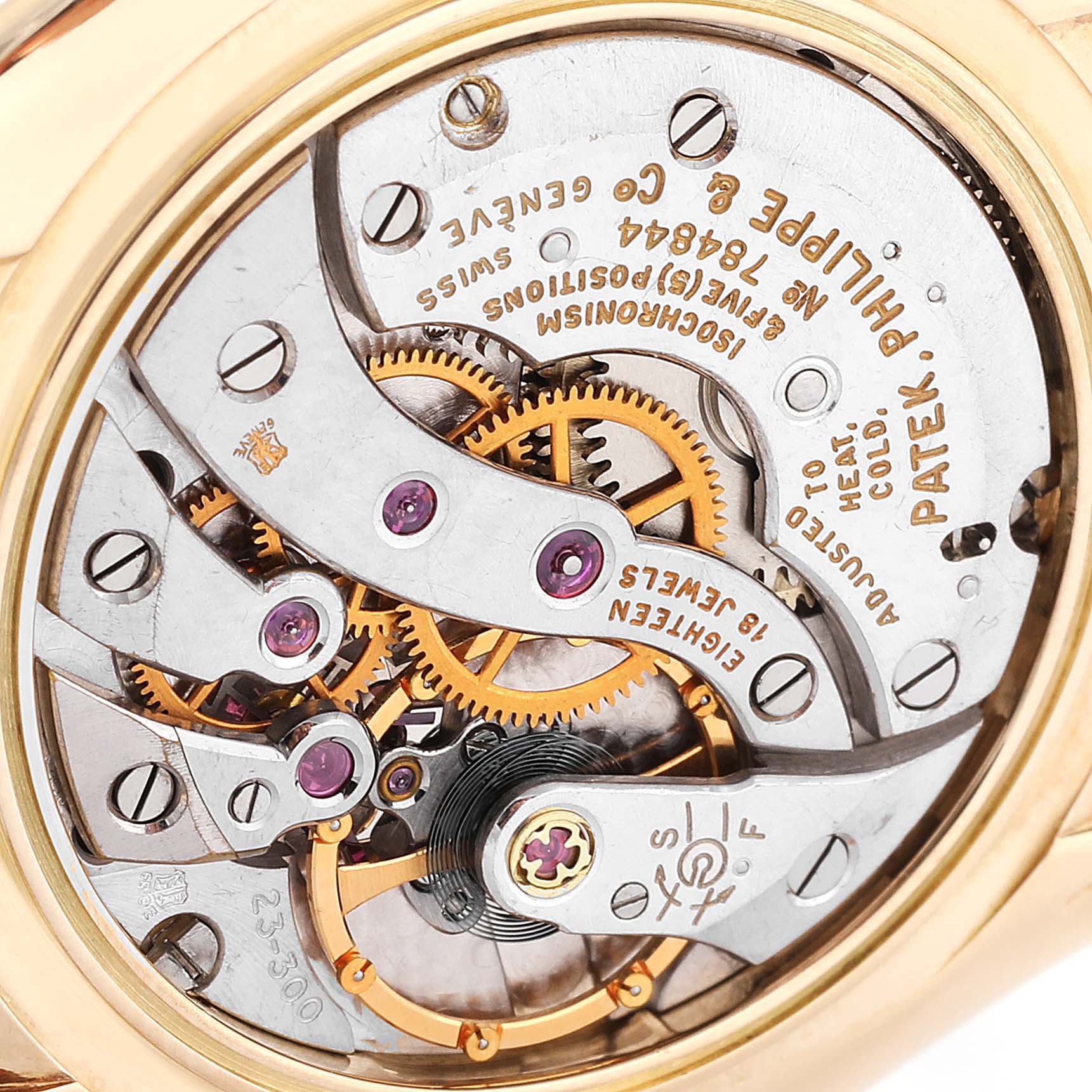 Close-up view of the movement and gears of a Vintage Patek Philippe watch.