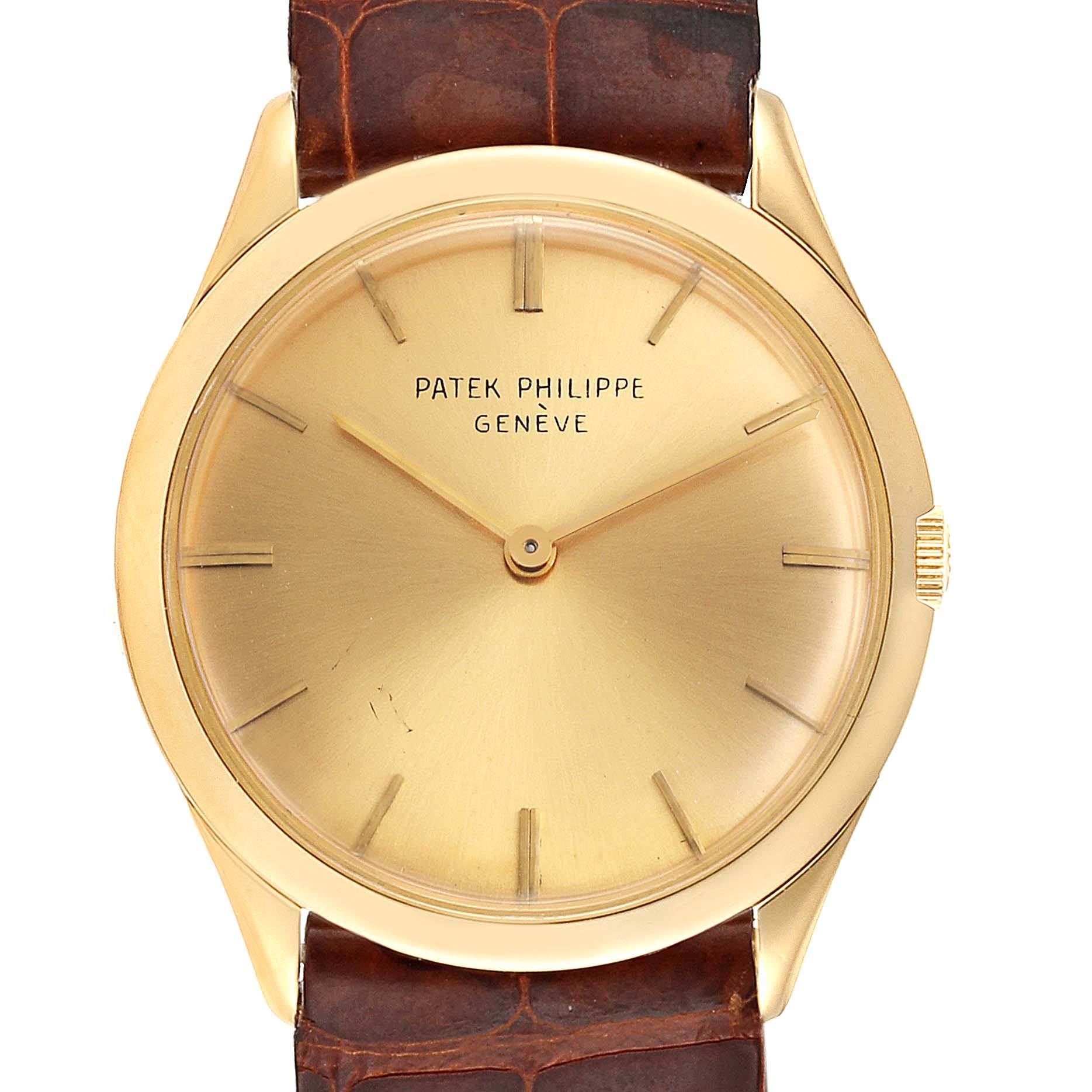 The image shows a front view of the Patek Philippe Calatrava 2589 Men's Yellow Gold Champagne Dial 2589 Men's Yellow Gold Champagne Dial watch, highlighting its gold dial, hands, and brown leather strap.