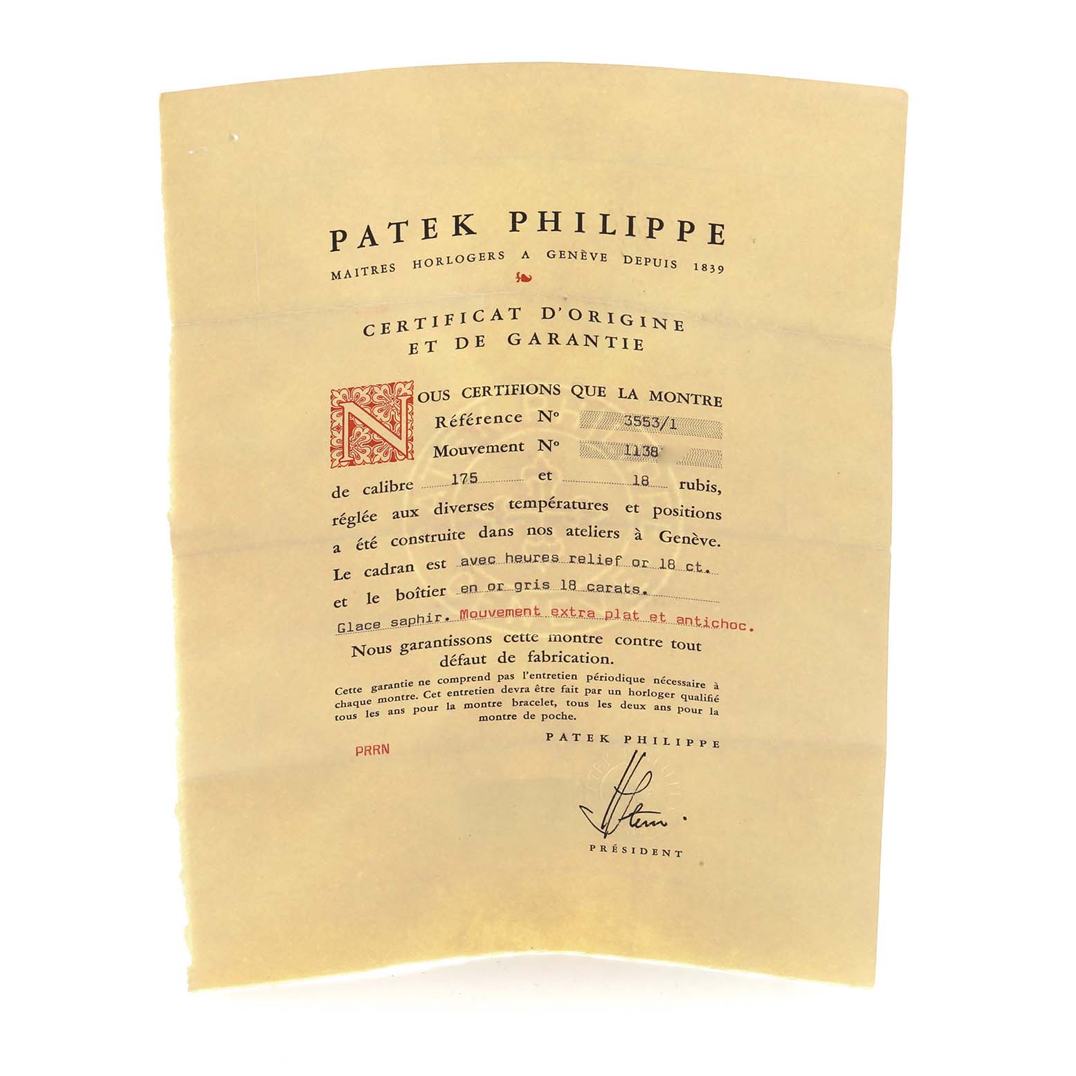 This image shows a Certificate of Origin and Guarantee for a Vintage Patek Philippe watch.