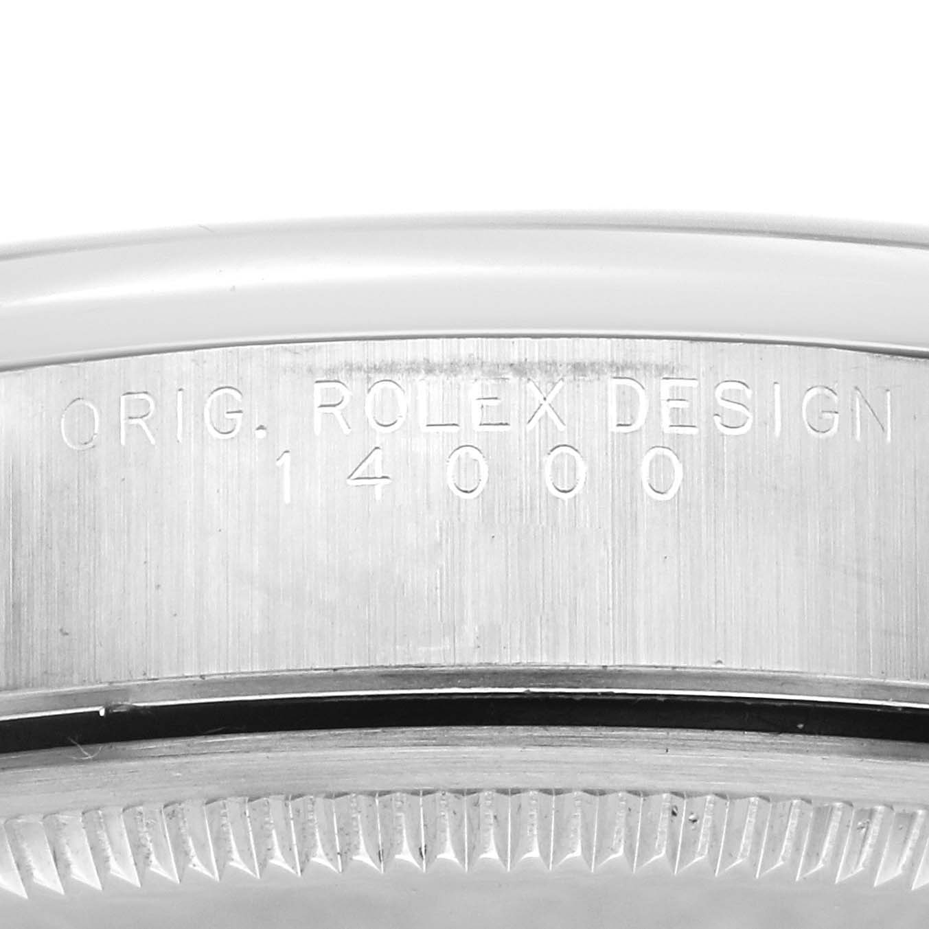 The image shows a close-up of the case back and serial number of the Rolex Air-King 14000 Men's Stainless Steel Blue Dial 14000 Men's Stainless Steel Blue Dial watch.