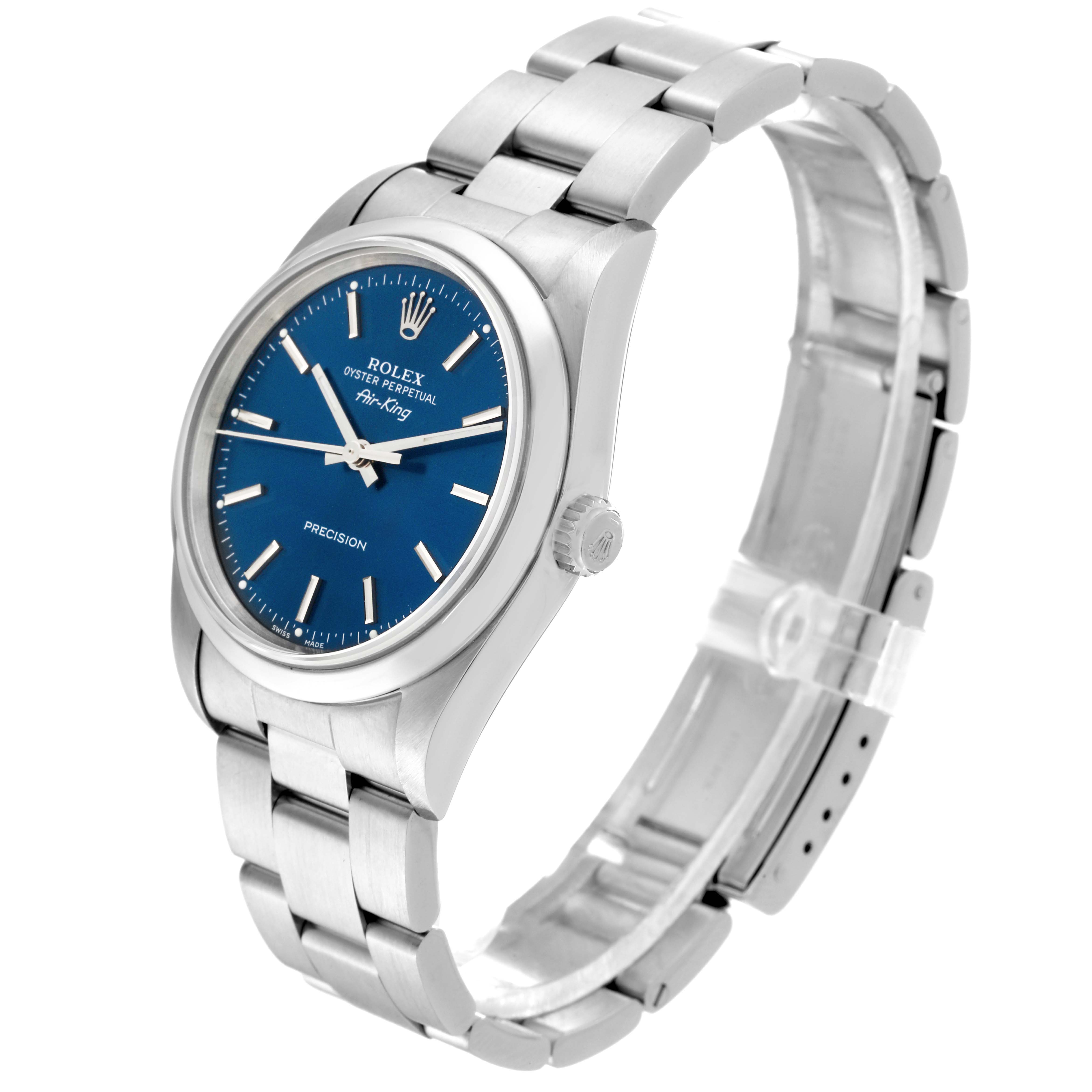 This image shows a side-angle view of the Rolex Air-King 14000 Men's Stainless Steel Blue Dial 14000 Men's Stainless Steel Blue Dial watch showcasing its blue dial and stainless steel bracelet.