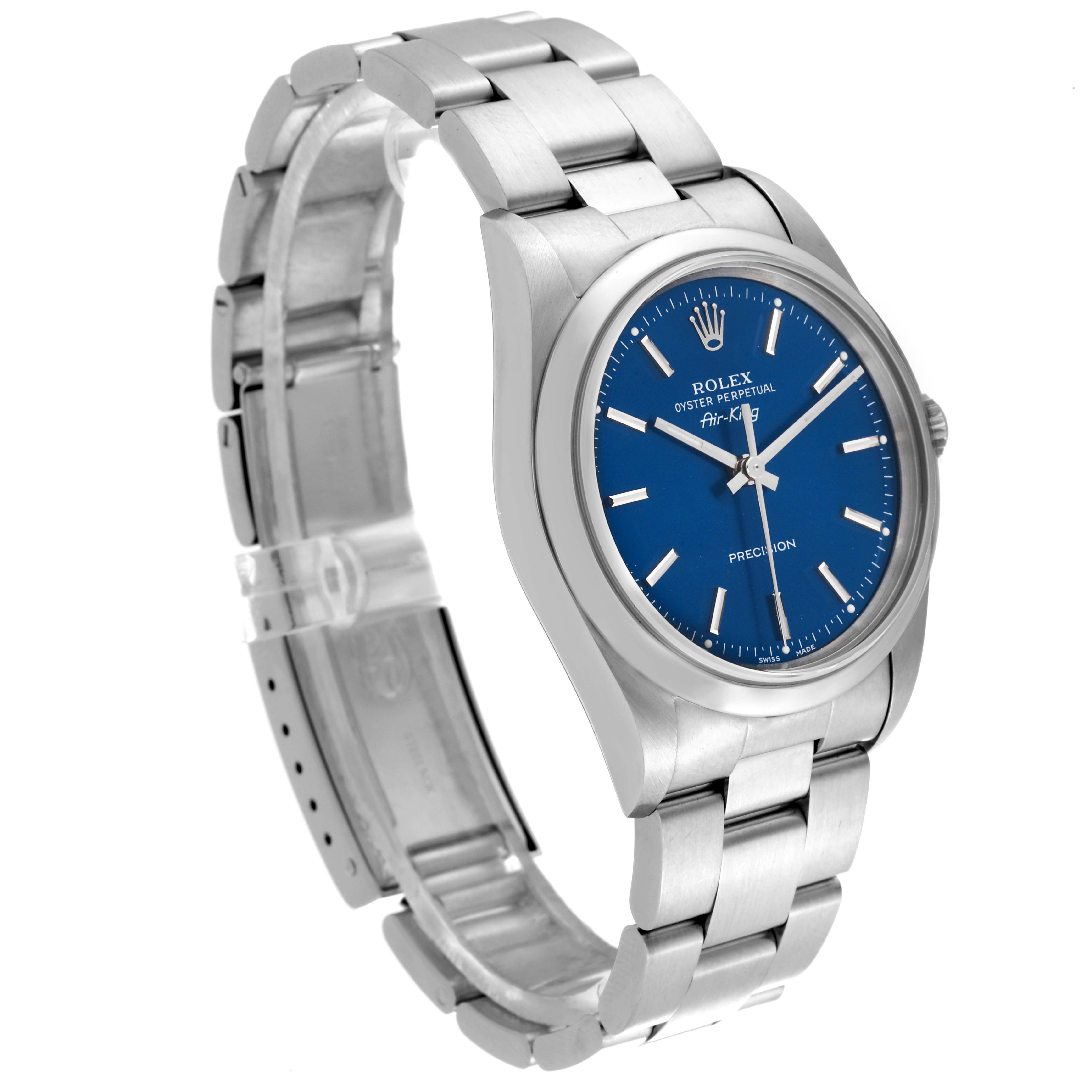 This Rolex Air-King 14000 Men's Stainless Steel Blue Dial 14000 Men's Stainless Steel Blue Dial watch is shown from a front-left angle, highlighting its blue dial and stainless steel bracelet.