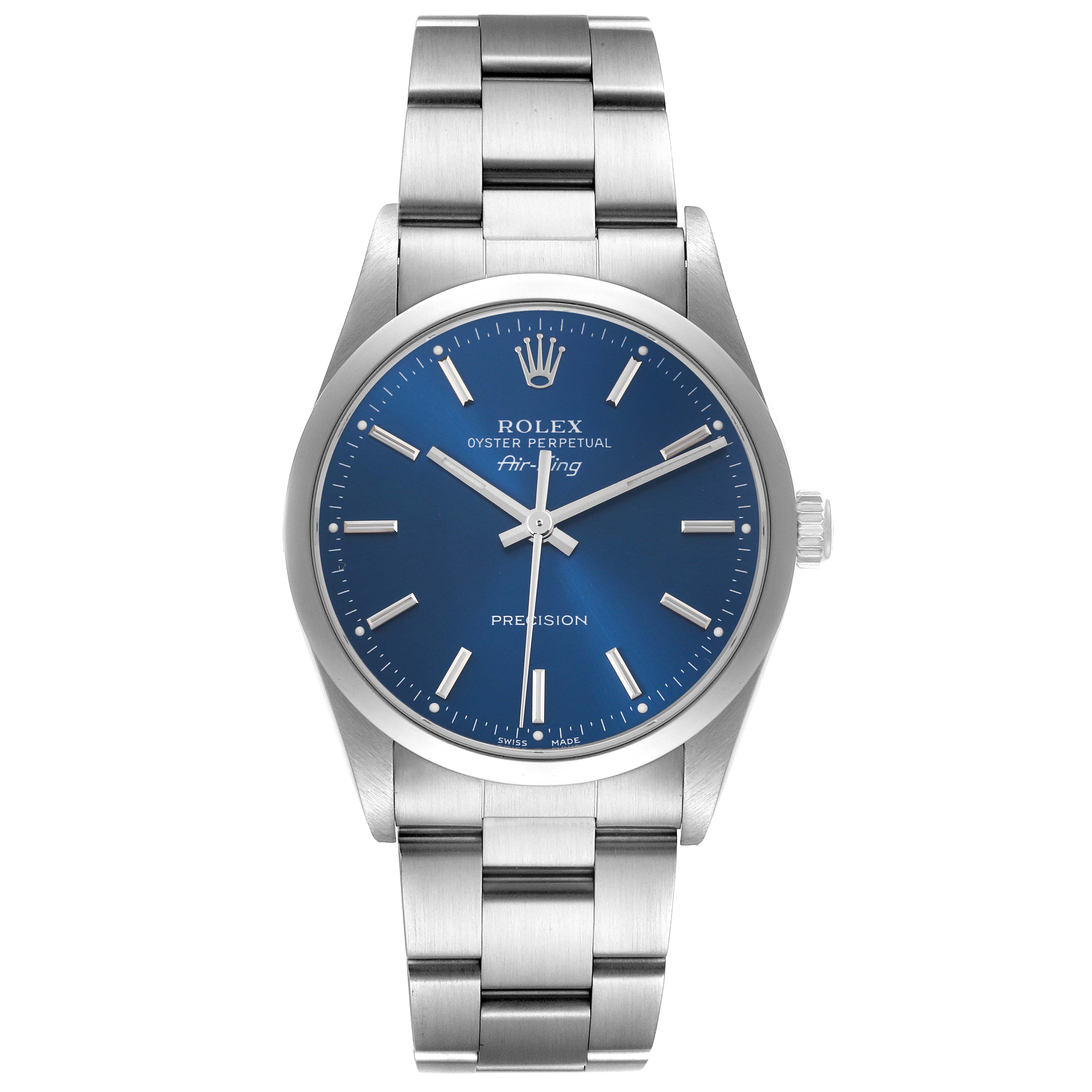 The image shows a front view of a Rolex Air-King 14000 Men's Stainless Steel Blue Dial 14000 Men's Stainless Steel Blue Dial watch with a blue dial and stainless steel bracelet.