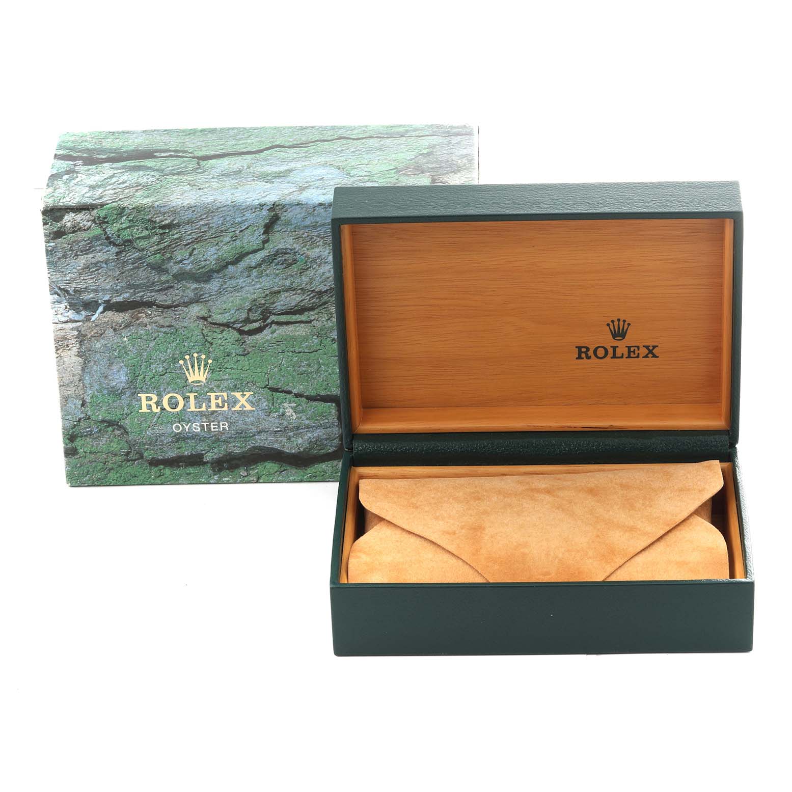 The image shows a Rolex Air-King 14000 Men's Stainless Steel Blue Dial 14000 Men's Stainless Steel Blue Dial watch box, both the outer green textured box and the inner wooden box, with a suede pouch inside.