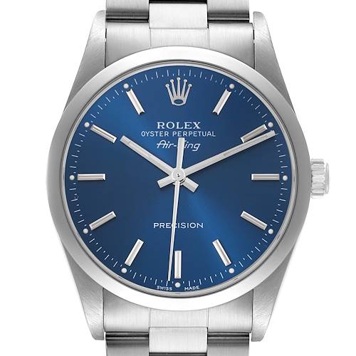 The image shows a front view of the Rolex Air-King watch, highlighting its blue dial, crown, and stainless steel bracelet.