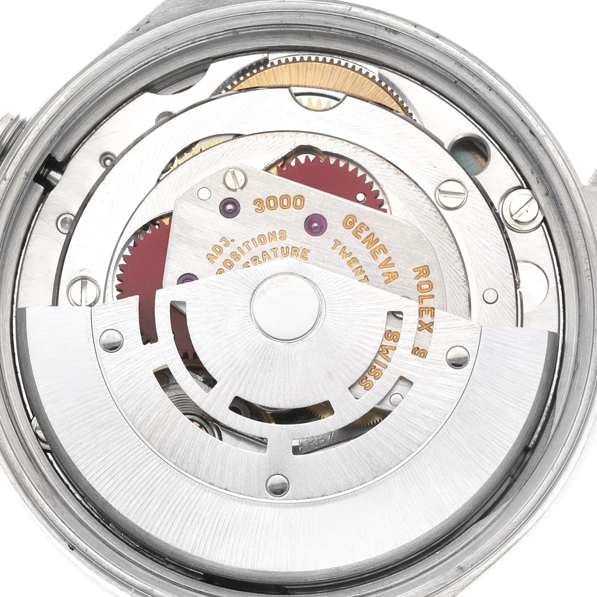 This image shows the inner mechanical movement of a Rolex Air-King 14000 Men's Stainless Steel Blue Dial 14000 Men's Stainless Steel Blue Dial watch, focusing on the intricate gears and rotors.