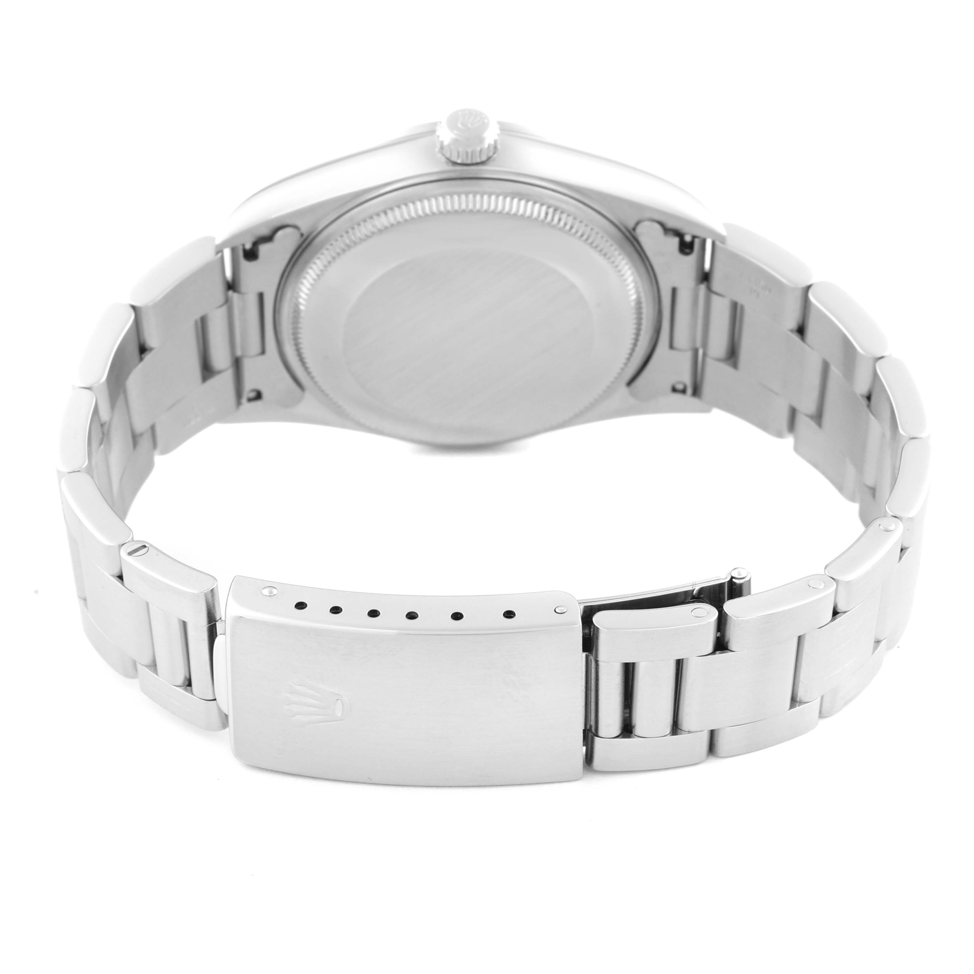 The image shows the back view of the Rolex Air-King 14000 Men's Stainless Steel Pink Dial 14000 Men's Stainless Steel Pink Dial watch, focusing on the clasp and bracelet.