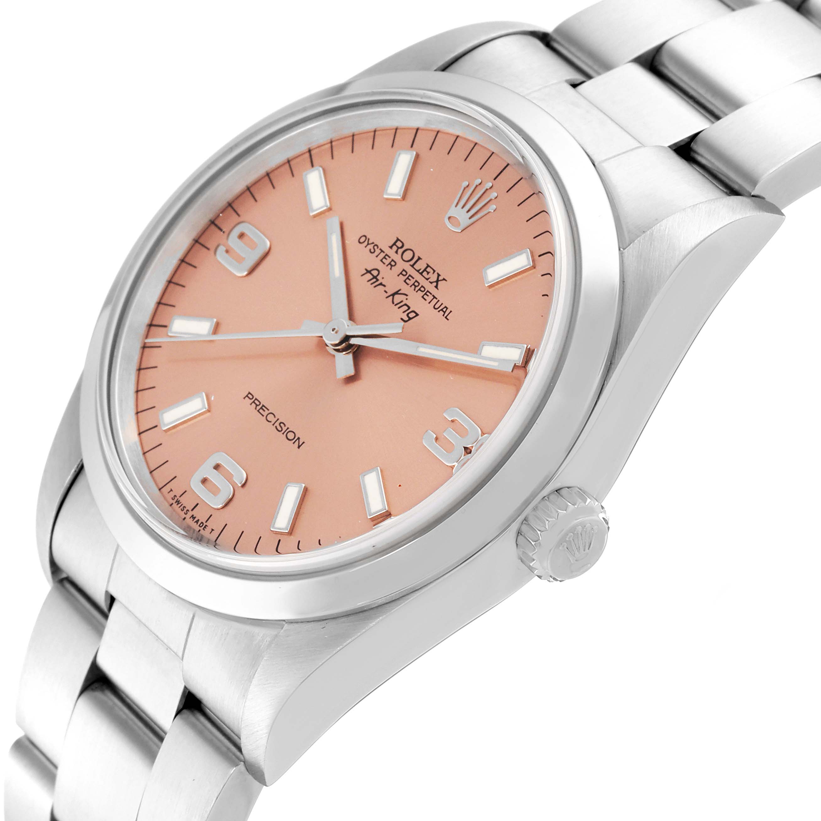 The image shows a Rolex Air-King 14000 Men's Stainless Steel Pink Dial 14000 Men's Stainless Steel Pink Dial watch angled to display the face, crown, and part of the bracelet.