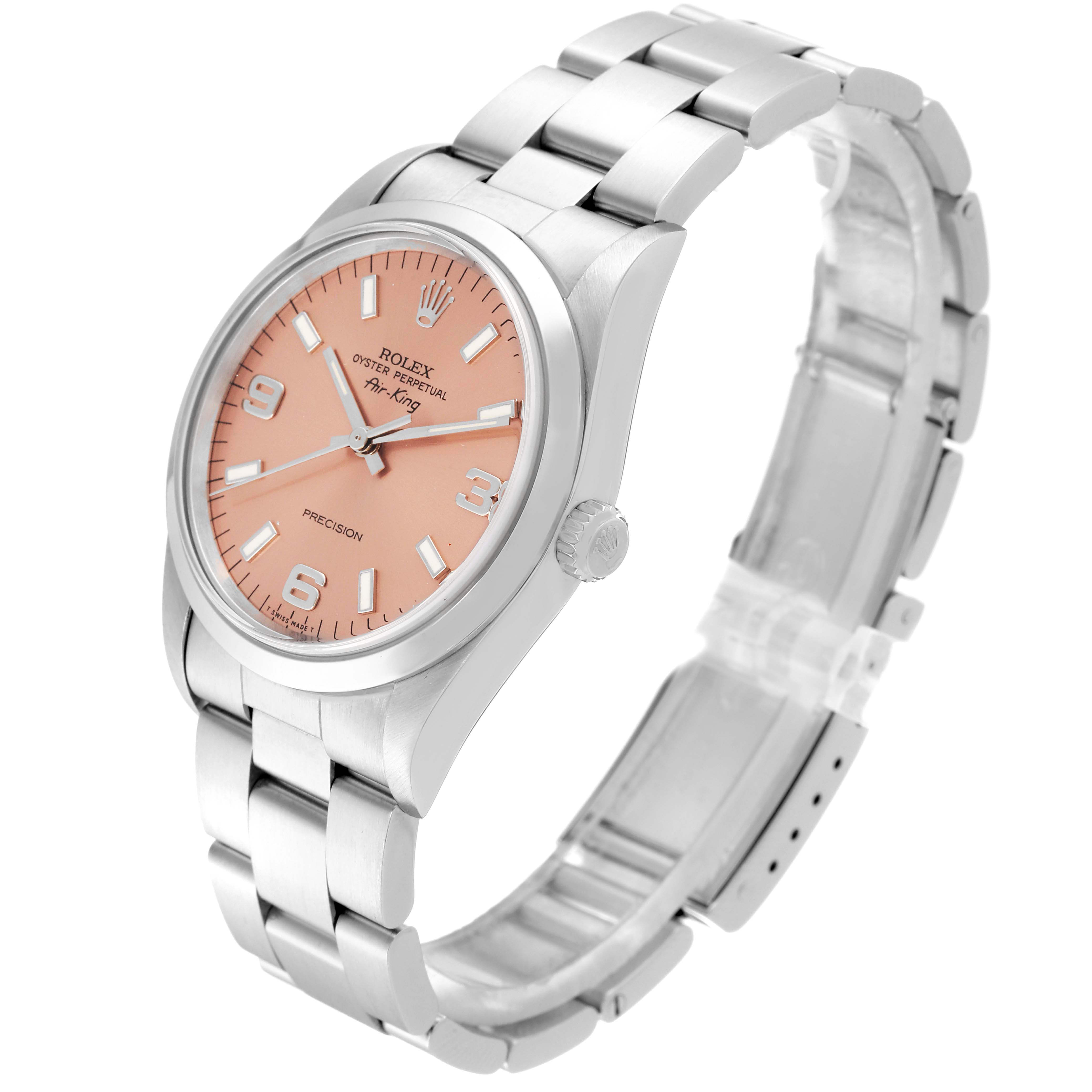 The Rolex Air-King 14000 Men's Stainless Steel Pink Dial 14000 Men's Stainless Steel Pink Dial watch is shown from an oblique angle, displaying its peach dial, crown, case, and metal bracelet.