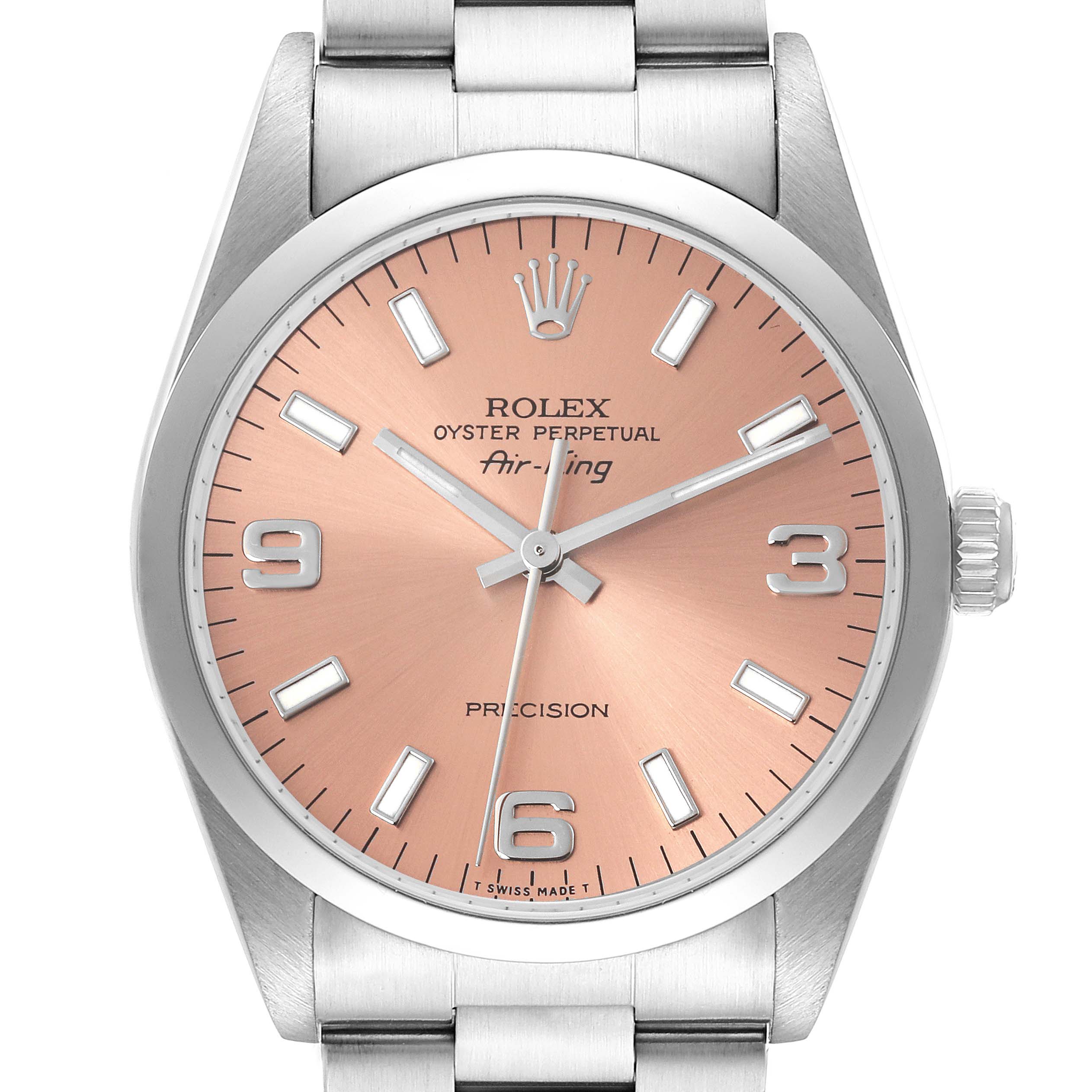 This image shows the face and part of the bracelet of the Rolex Air-King 14000 Men's Stainless Steel Pink Dial 14000 Men's Stainless Steel Pink Dial watch from a front angle.