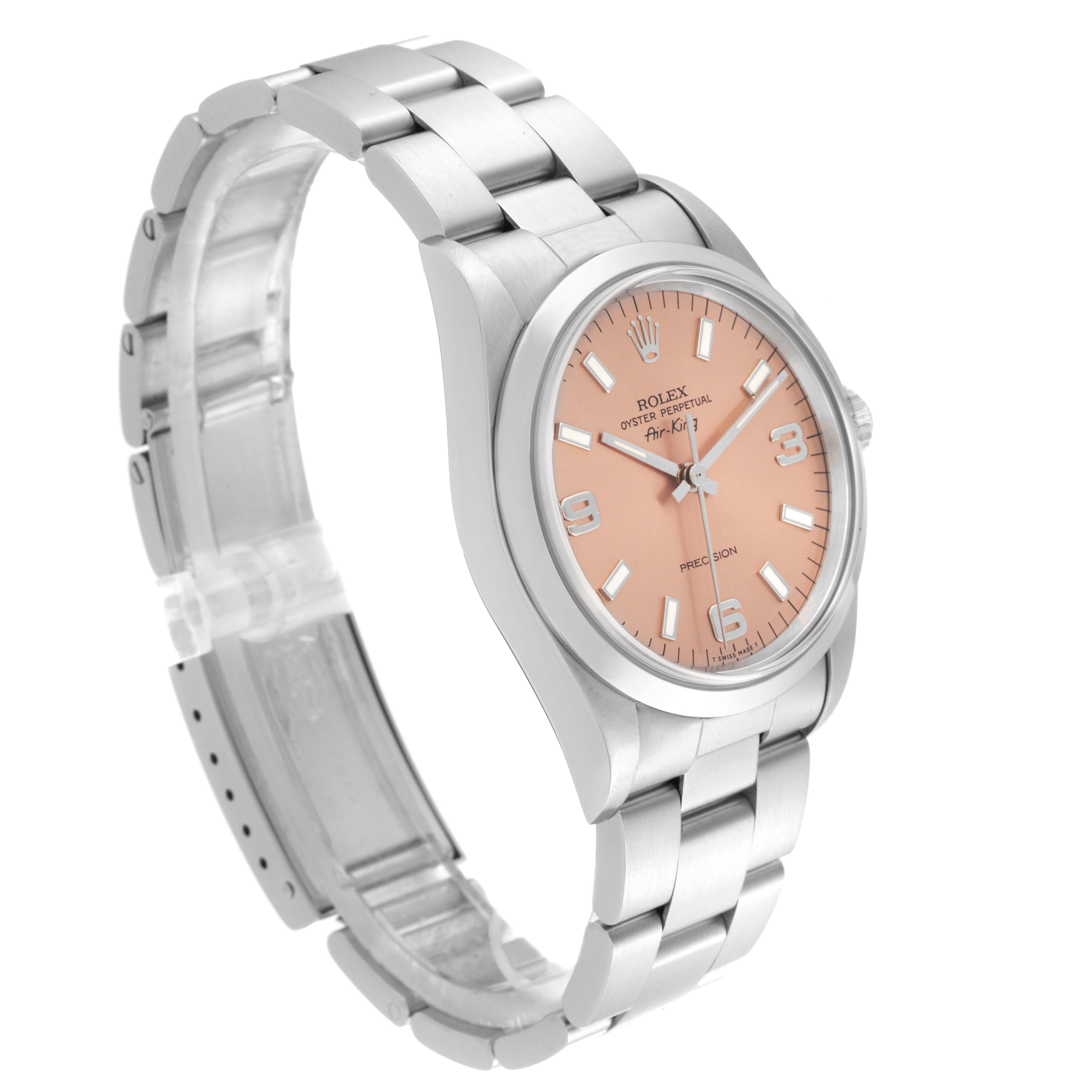 This Rolex Air-King 14000 Men's Stainless Steel Pink Dial 14000 Men's Stainless Steel Pink Dial watch is shown at a slight angle, revealing its pink dial, silver case, and stainless steel bracelet.