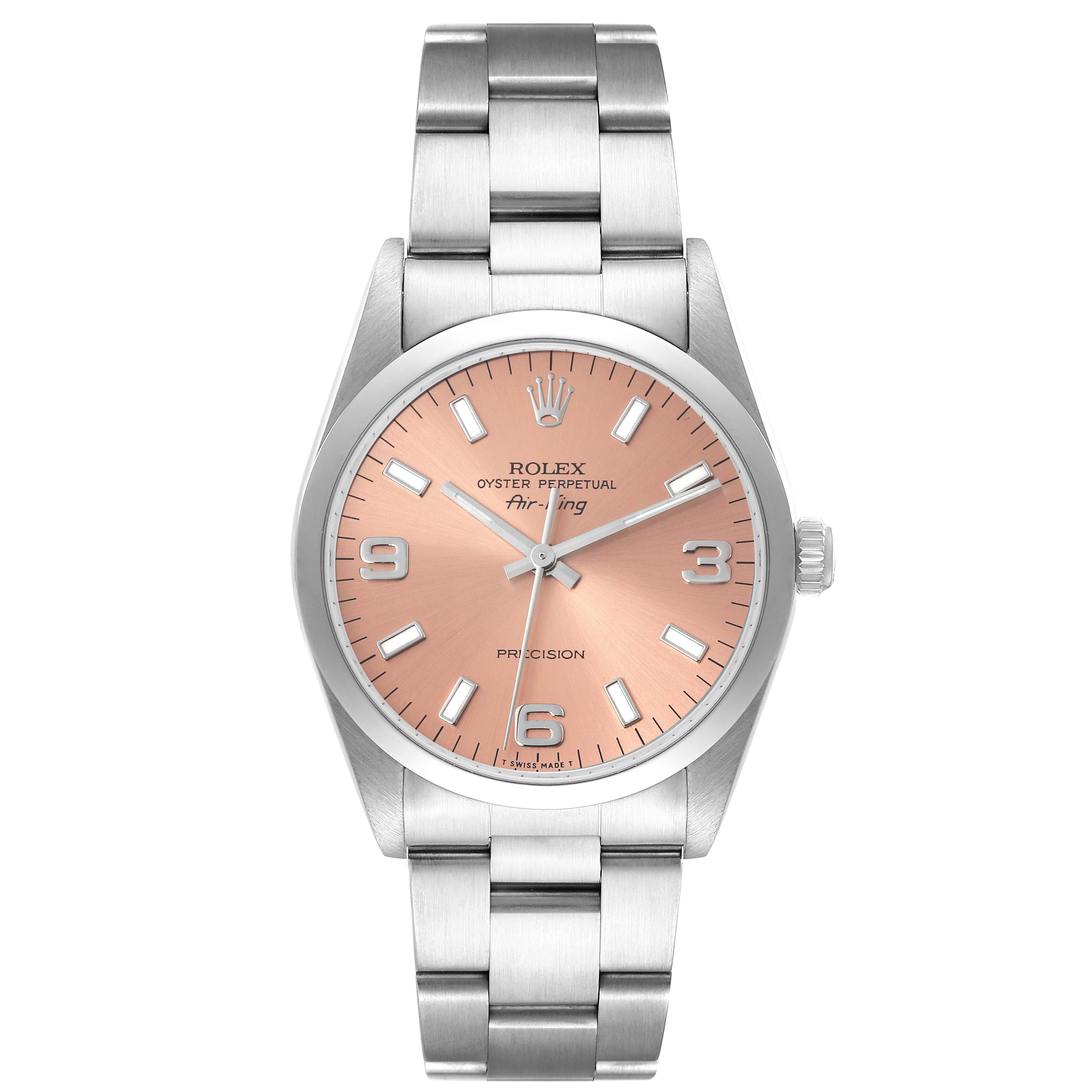 This Rolex Air-King 14000 Men's Stainless Steel Pink Dial 14000 Men's Stainless Steel Pink Dial watch is displayed from a front angle, showing the dial, bezel, and bracelet.