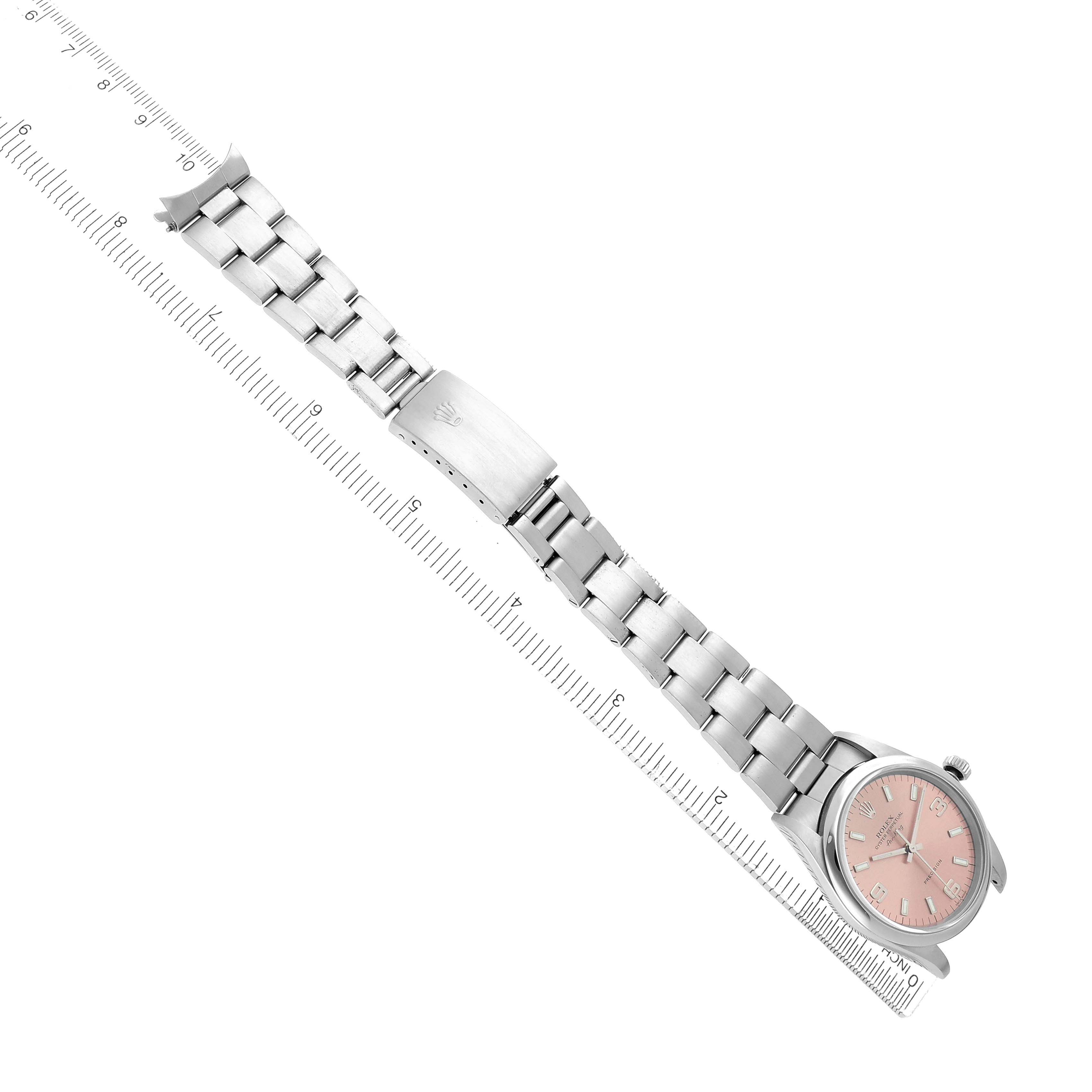 The Rolex Air-King 14000 Men
s Stainless Steel Pink Dial watch is displayed flat with the full bracelet and clasp visible alongside a ruler for scale.