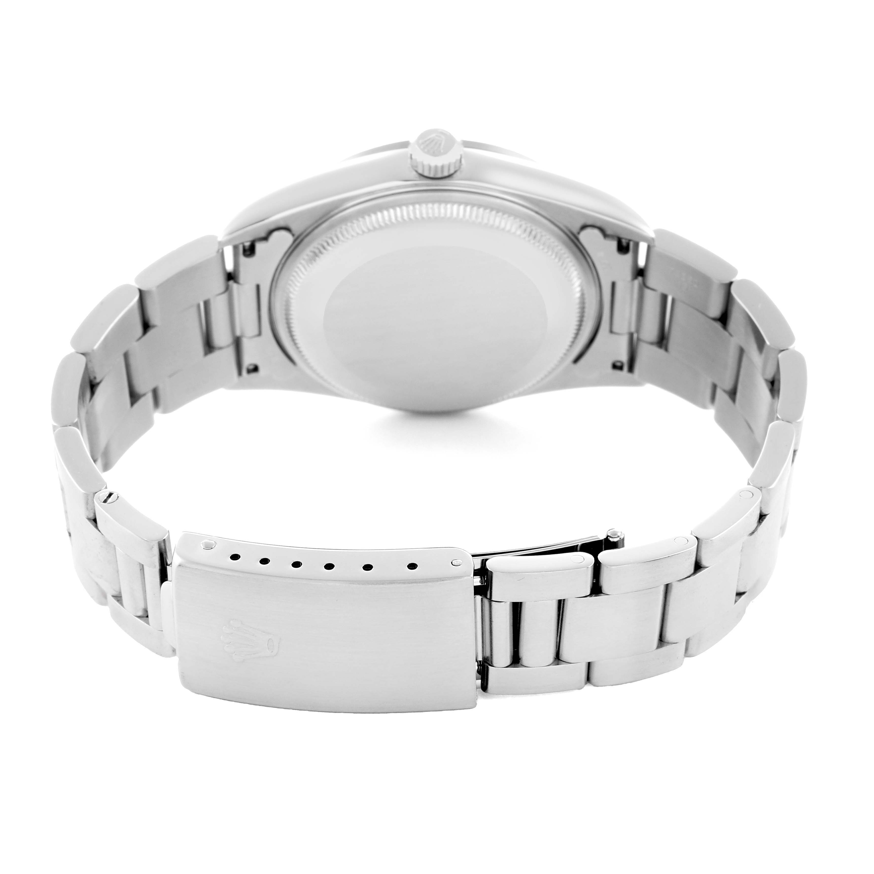 The Rolex Air-King 14000 Men
s Stainless Steel Pink Dial is shown from the back, highlighting the case back, bracelet, and clasp.