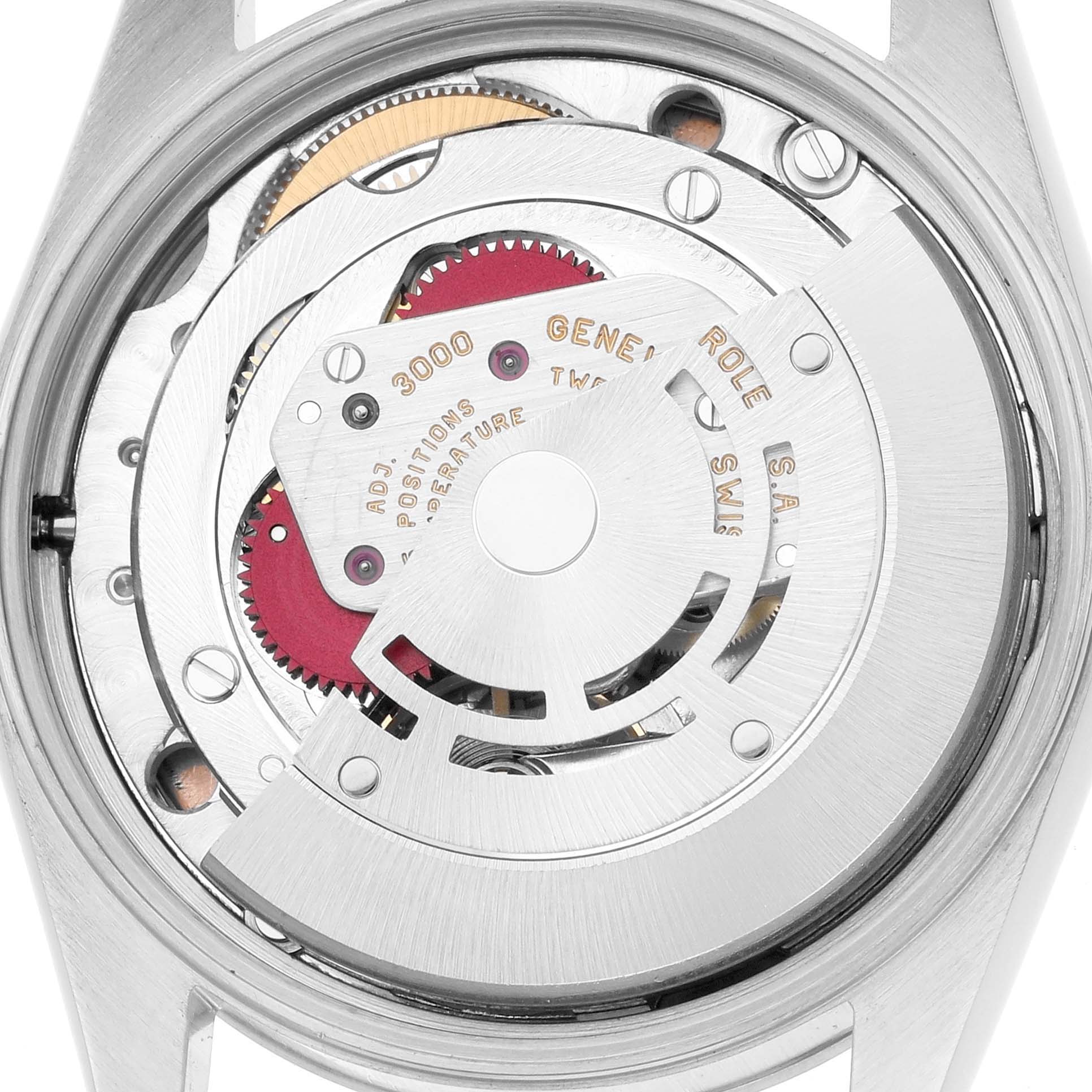 The image shows a close-up of the Rolex Air-King 14000 Men
s Stainless Steel Pink Dial watch
s movement from the back, highlighting gears and components.