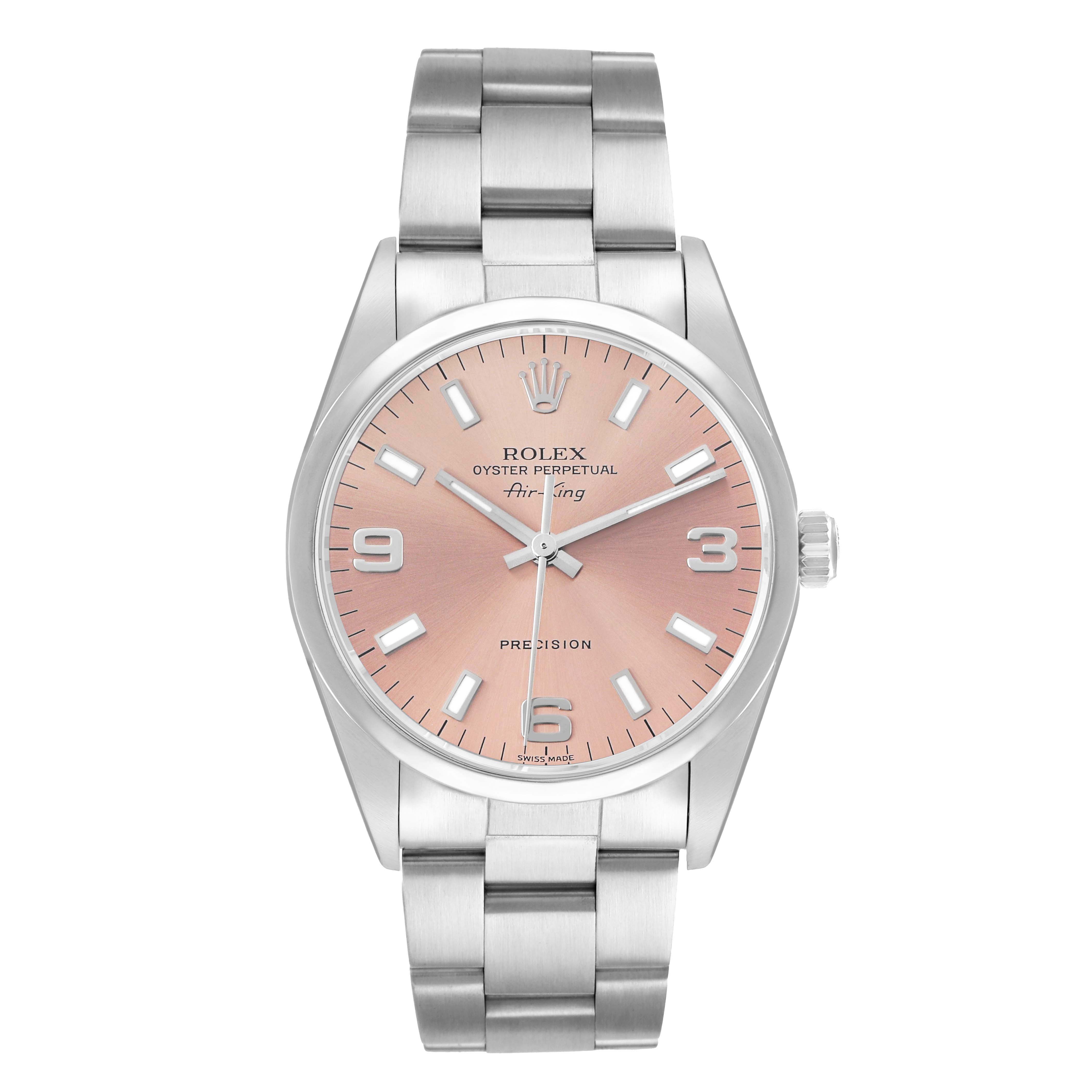 The Rolex Air-King 14000 Men
s Stainless Steel Pink Dial watch is shown from a front view, displaying the dial, case, and full bracelet.