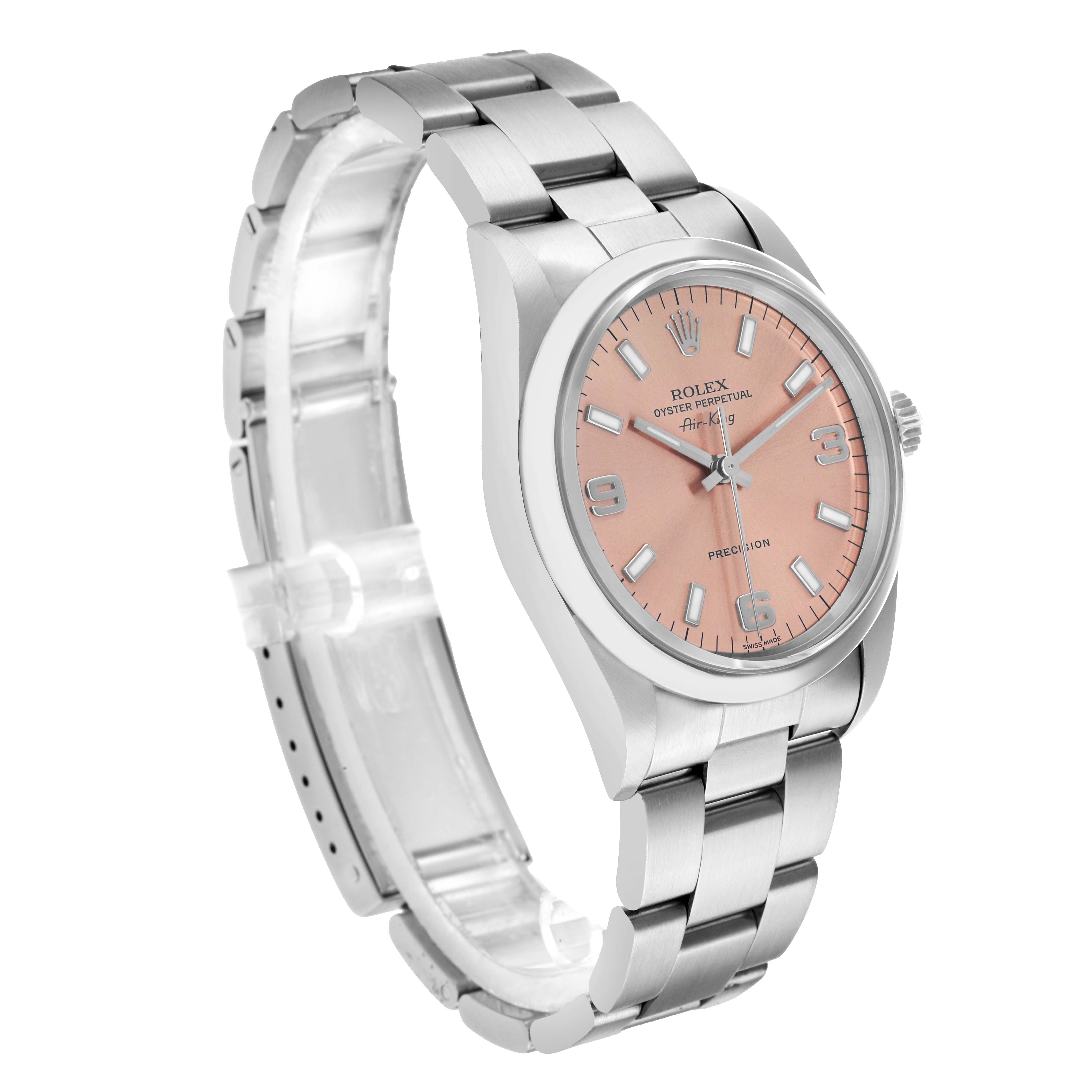 The Rolex Air-King 14000 Men
s Stainless Steel Pink Dial watch is shown at a three-quarter angle, displaying its pink dial, hour markers, and metal bracelet.