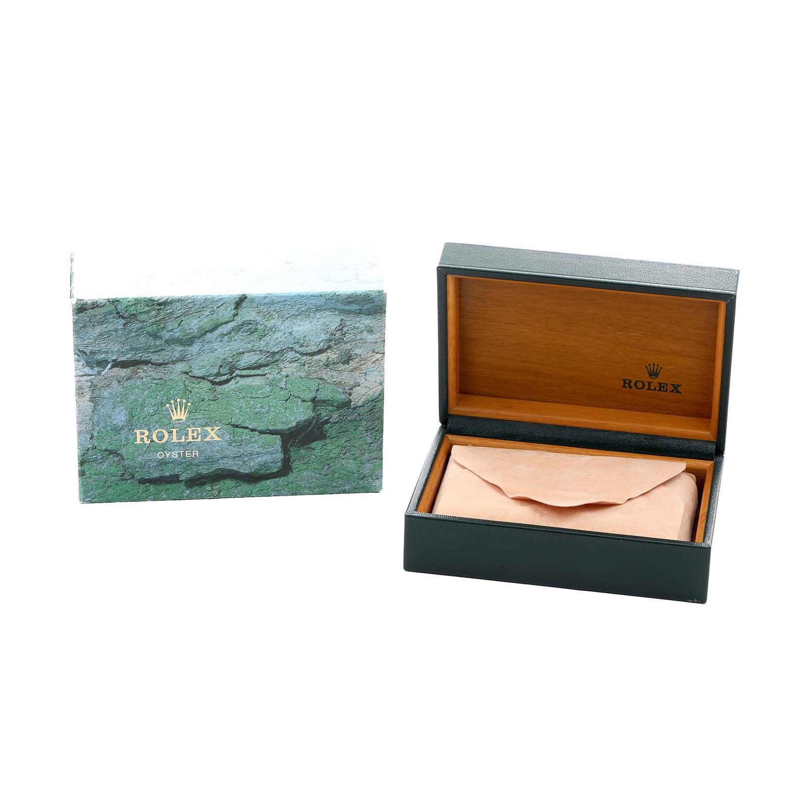 The image shows a Rolex Air-King 14000 Men
s Stainless Steel Pink Dial box and outer packaging from a high angle, with the watch box open, revealing a pouch.