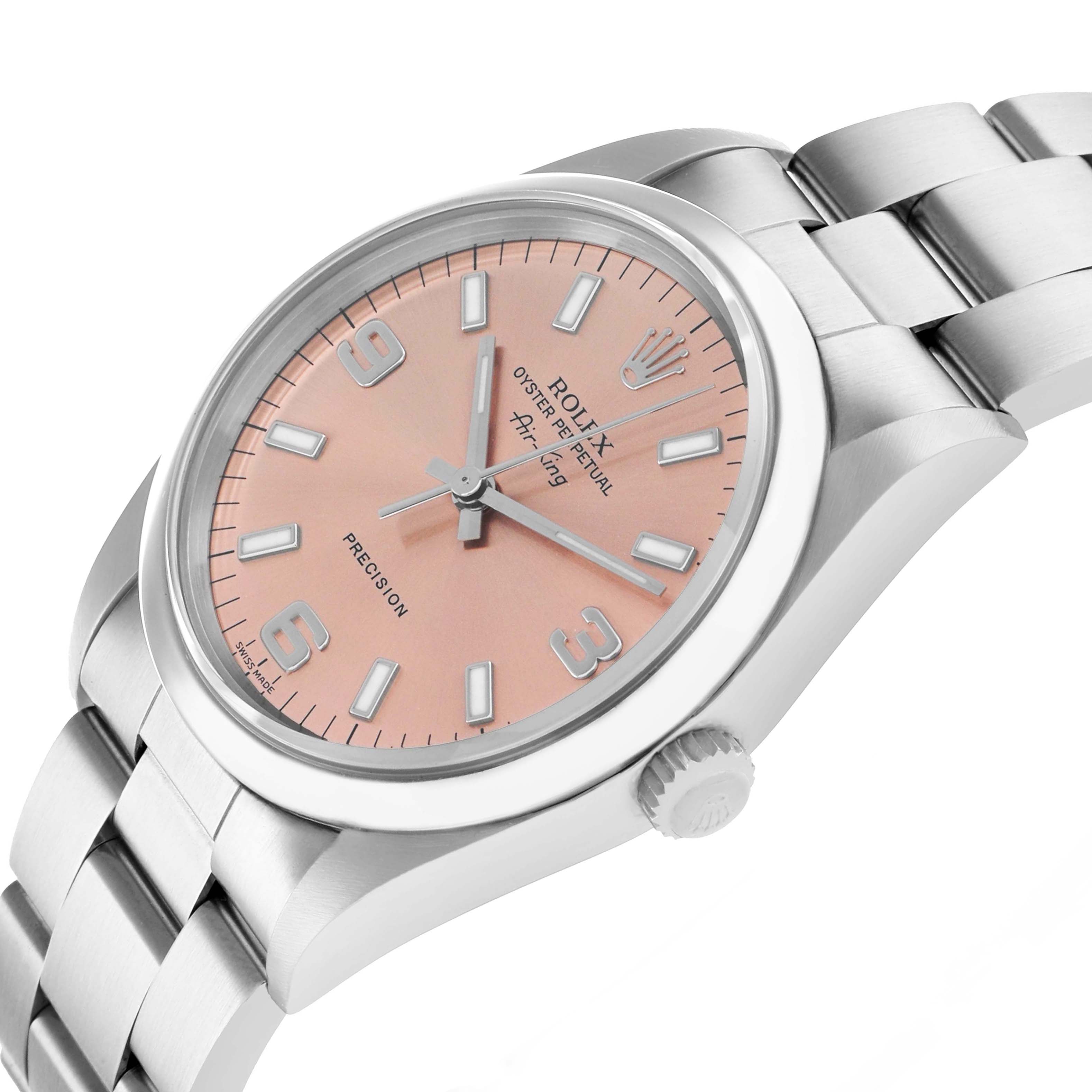 The Rolex Air-King 14000 Men
s Stainless Steel Pink Dial watch is shown at a slight angle, highlighting the dial, case, crown, and bracelet.