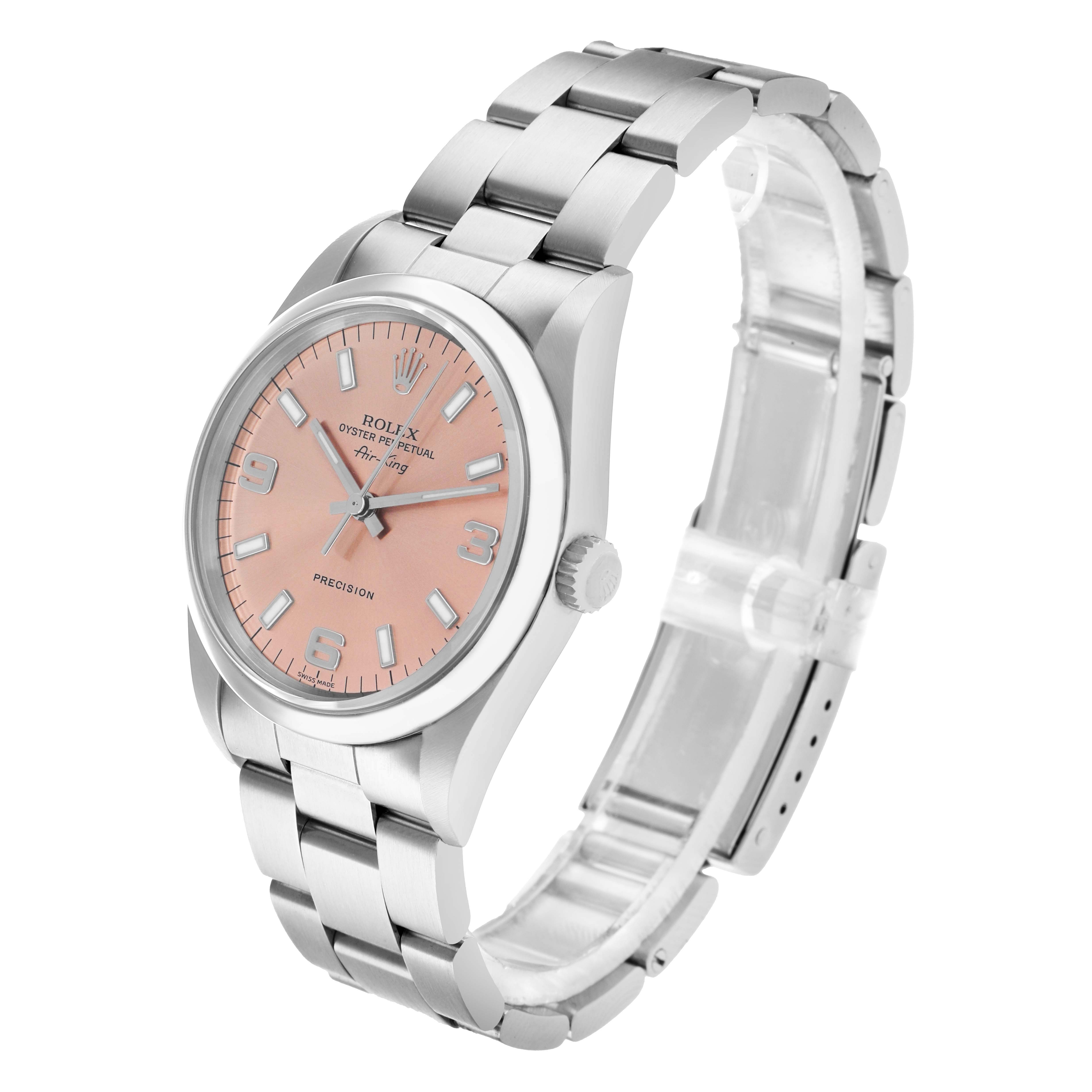 The Rolex Air-King 14000 Men
s Stainless Steel Pink Dial watch is shown at a three-quarter angle, displaying its face, bezel, crown, and bracelet.