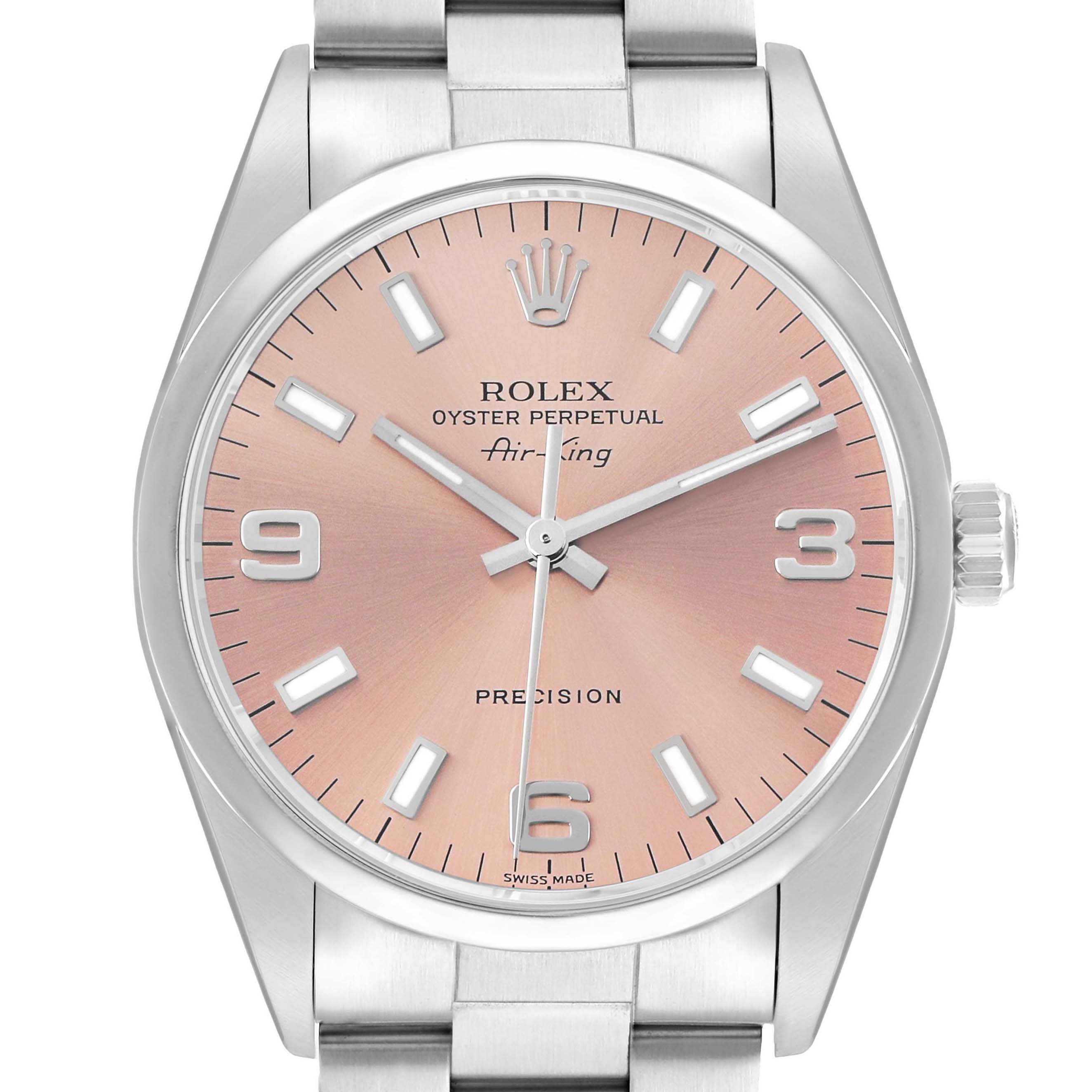 The Rolex Air-King 14000 Men
s Stainless Steel Pink Dial watch is shown from the front, highlighting the dial, hands, markers, and part of the bracelet.