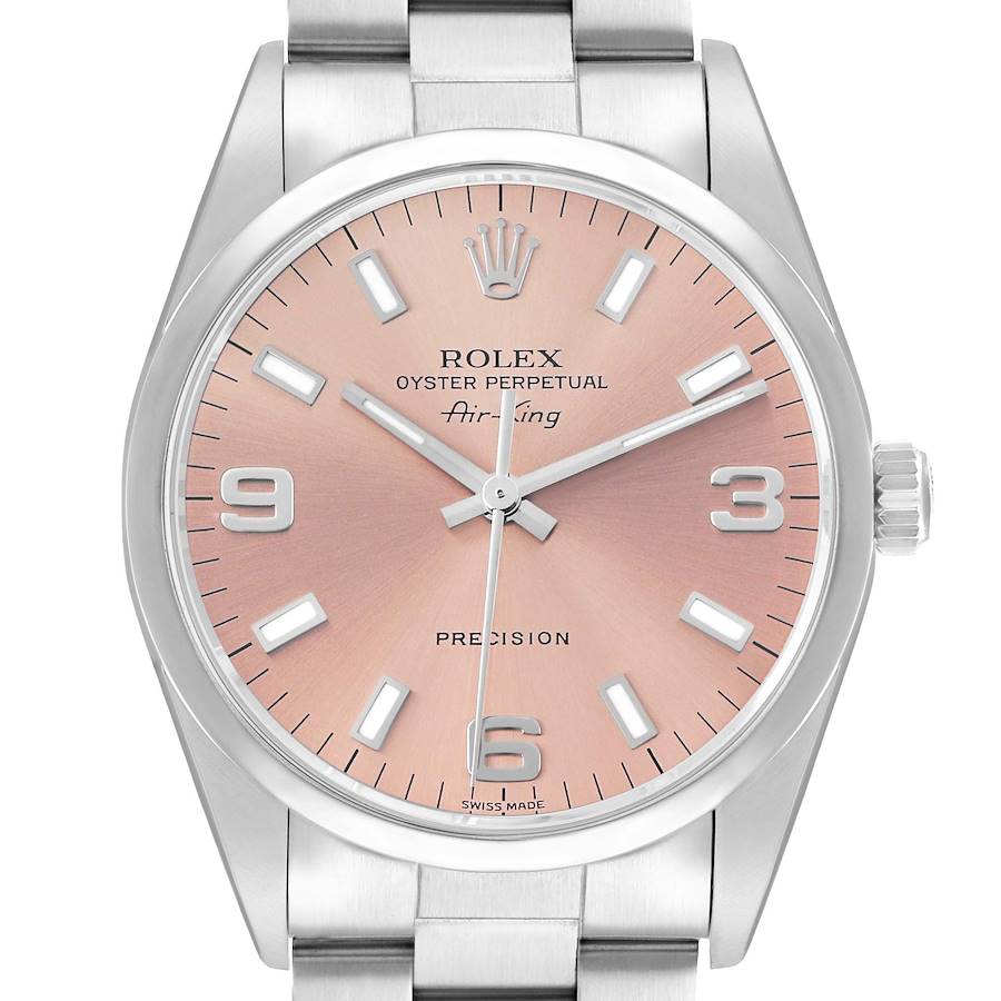 The Rolex Air-King 14000 Men's Stainless Steel Pink Dial watch is shown from the front, highlighting the dial, hands, markers, and part of the bracelet.