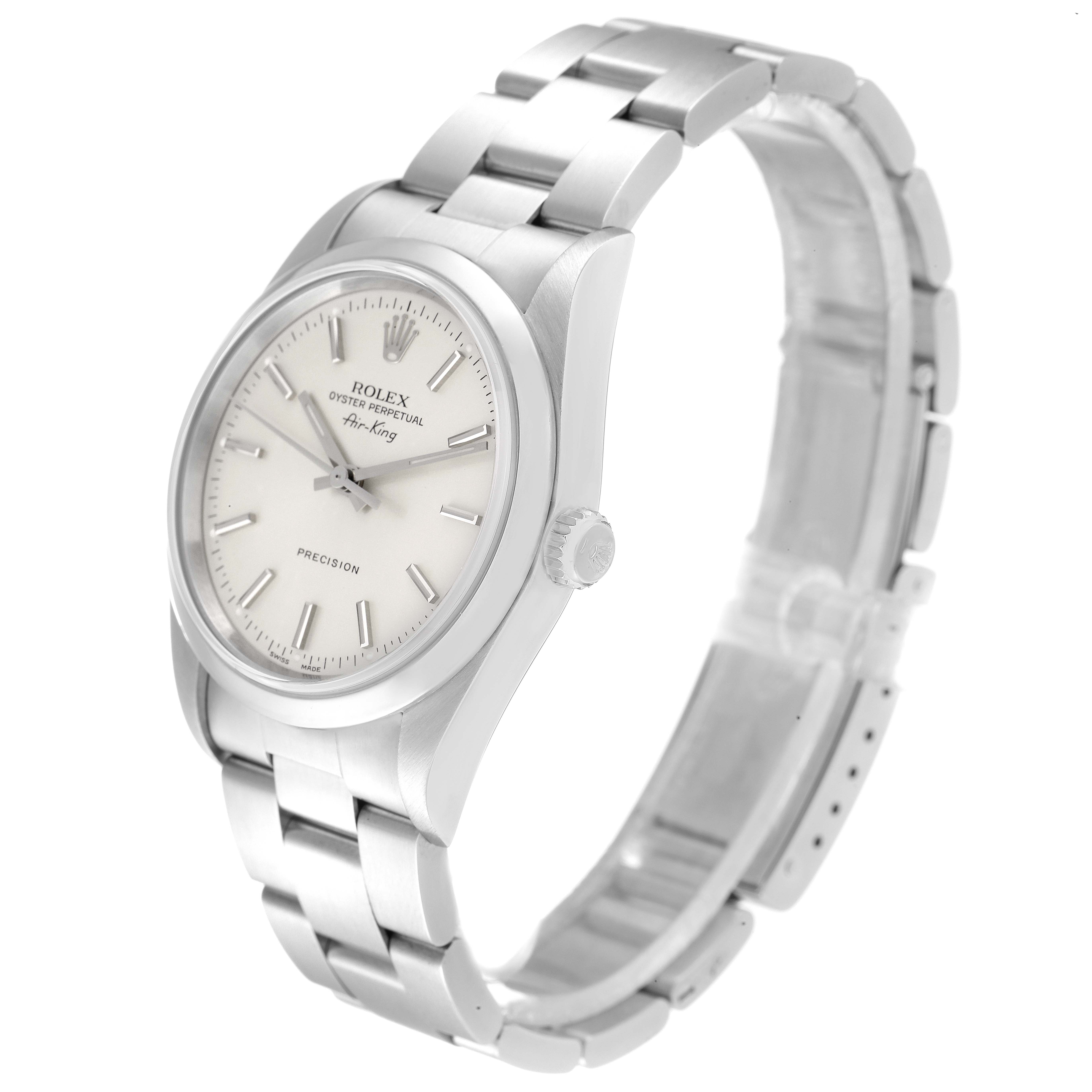 The image shows a Rolex Air-King 14000 Men's Stainless Steel Silver Dial 14000 Men's Stainless Steel Silver Dial watch at a slight angle, highlighting the dial, crown, and bracelet.