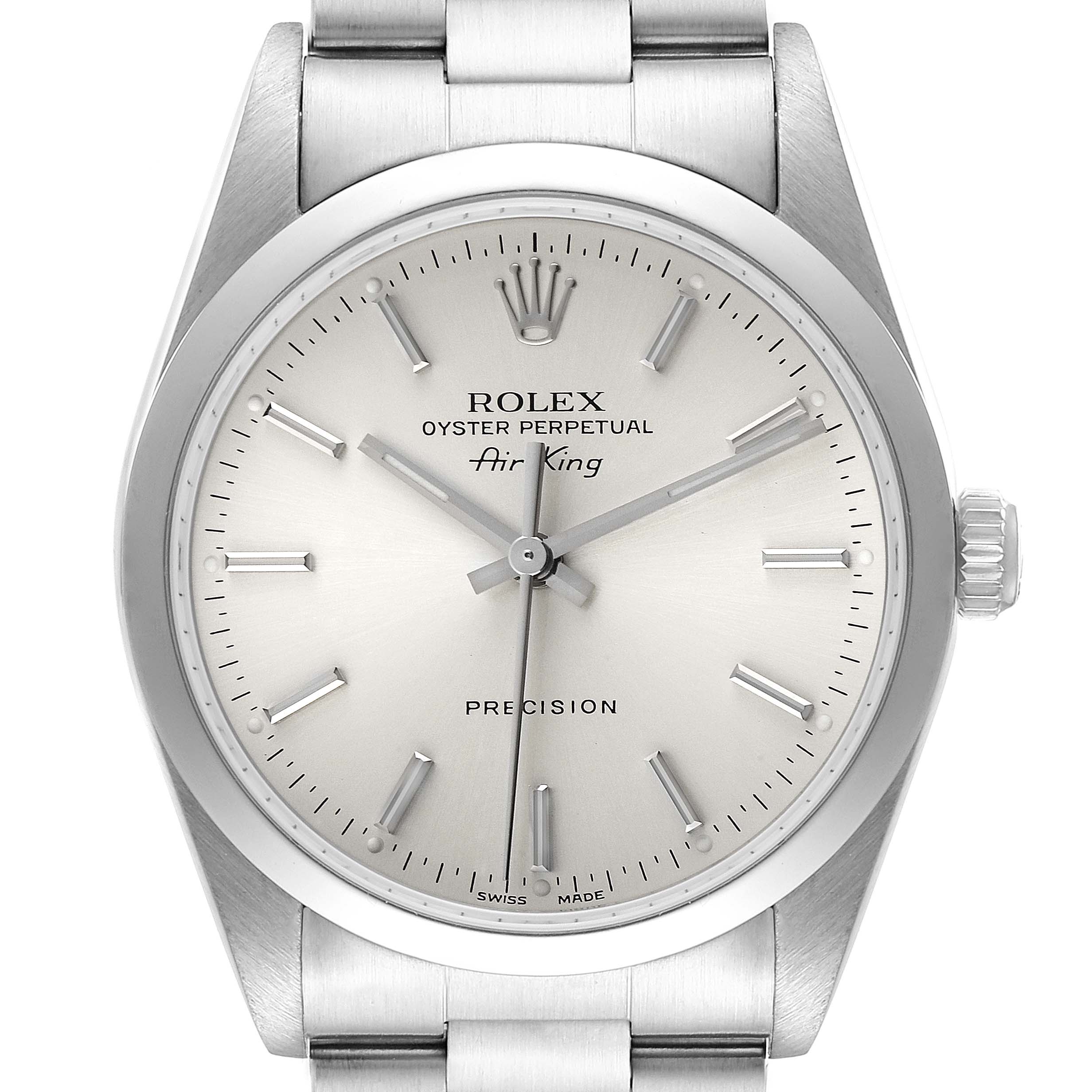 The image shows a frontal view of a Rolex Air-King 14000 Men's Stainless Steel Silver Dial 14000 Men's Stainless Steel Silver Dial watch, displaying its face, bezel, and part of the bracelet.