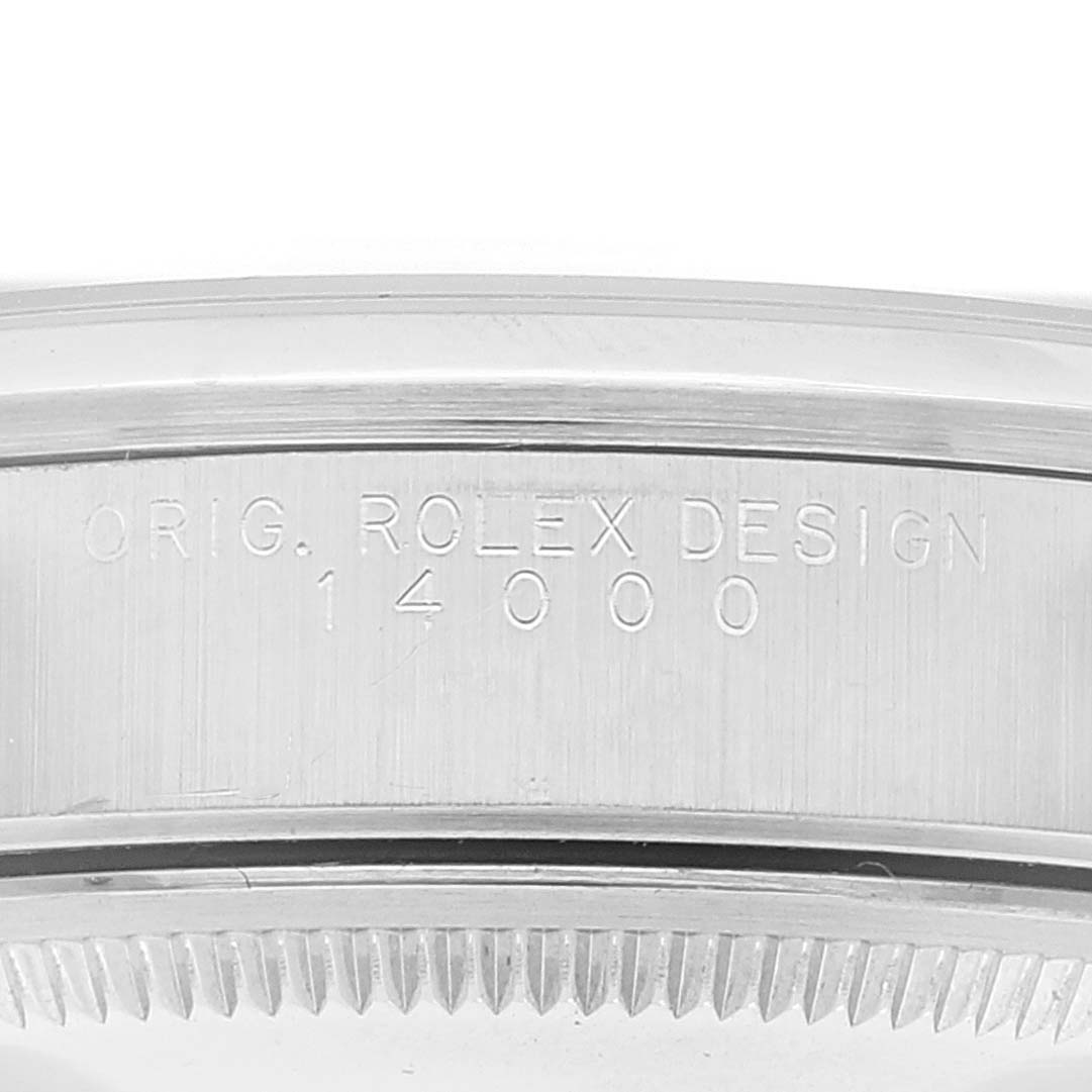 The image shows an angled close-up of the case side of a Rolex Air-King 14000 Men's Stainless Steel Silver Dial 14000 Men's Stainless Steel Silver Dial watch, highlighting the engraved model number 14000.