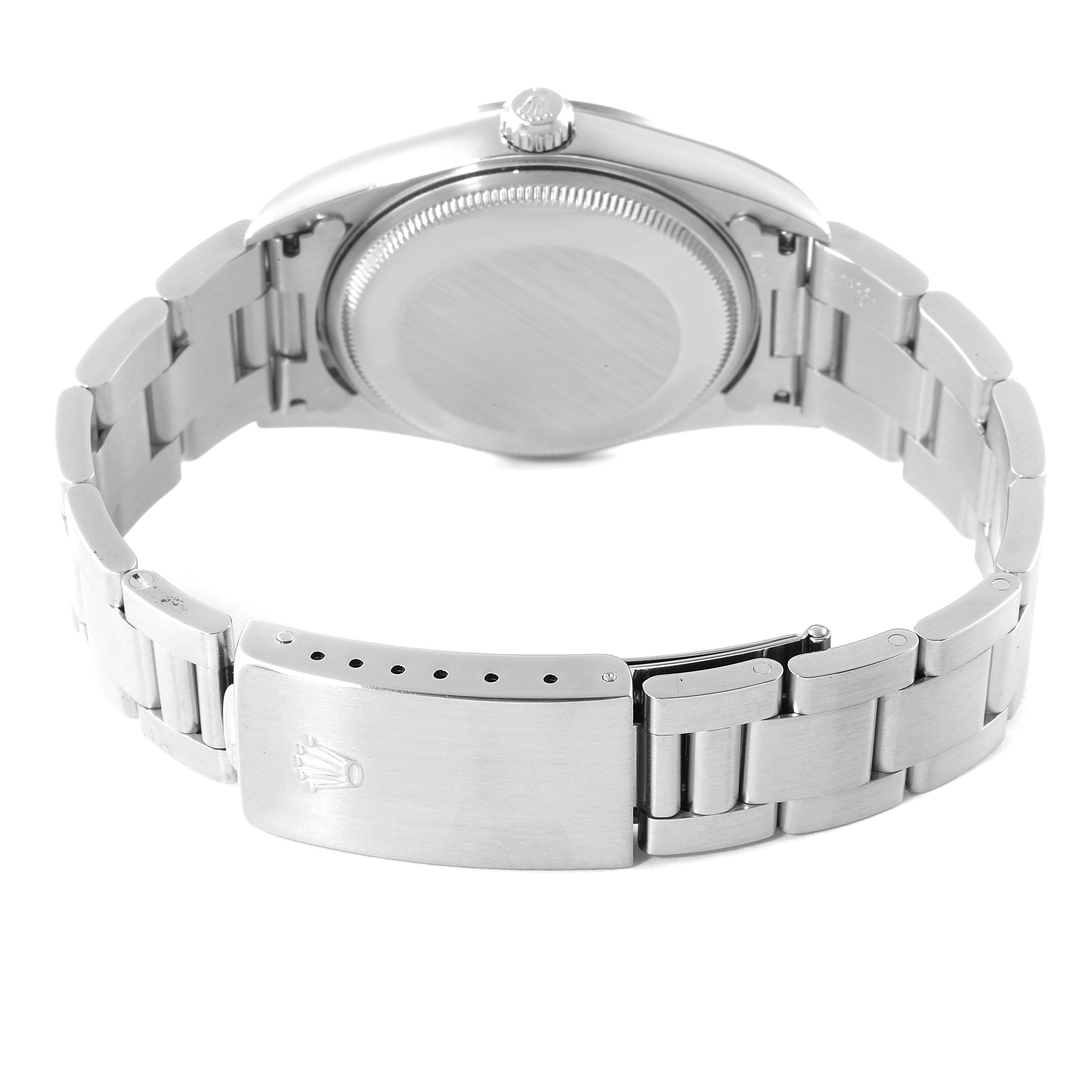 This image shows the back view of a Rolex Air-King 14000 Men's Stainless Steel Silver Dial 14000 Men's Stainless Steel Silver Dial watch, highlighting its case back, crown, and metal bracelet with the clasp.