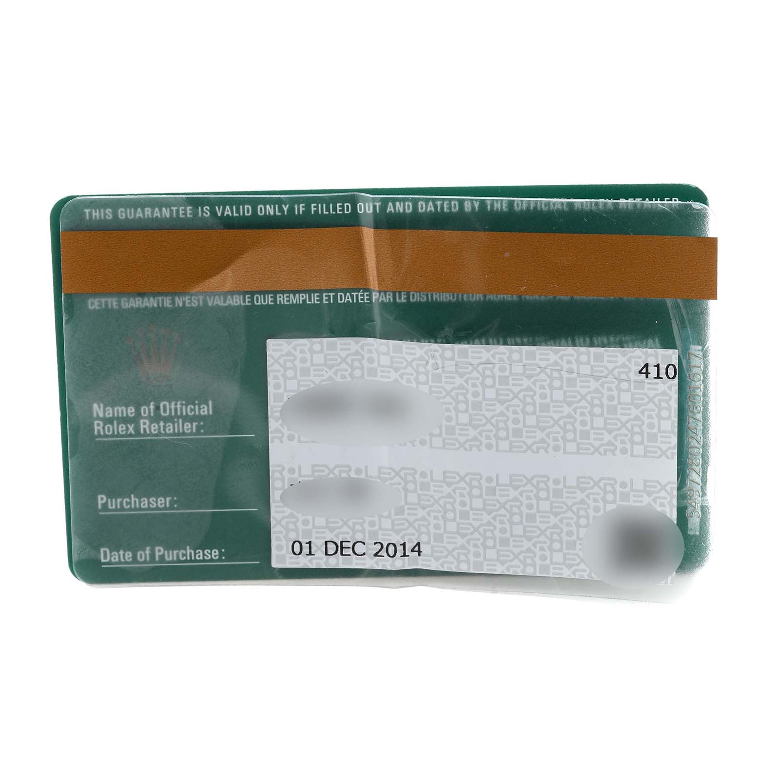 The image shows the warranty card for a Rolex Cellini 5115/9 Men's White Gold White Dial 5115/9 Men's White Gold White Dial model, dated December 1, 2014.