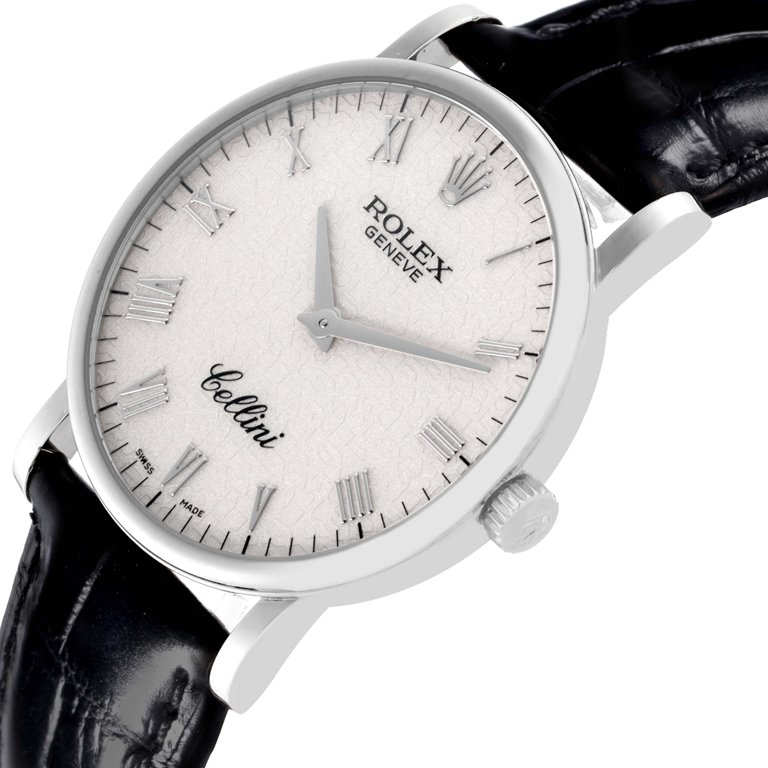 The image shows a close-up, angled view of the dial, bezel, crown, and part of the strap of a Rolex Cellini 5115/9 Men's White Gold White Dial 5115/9 Men's White Gold White Dial watch.