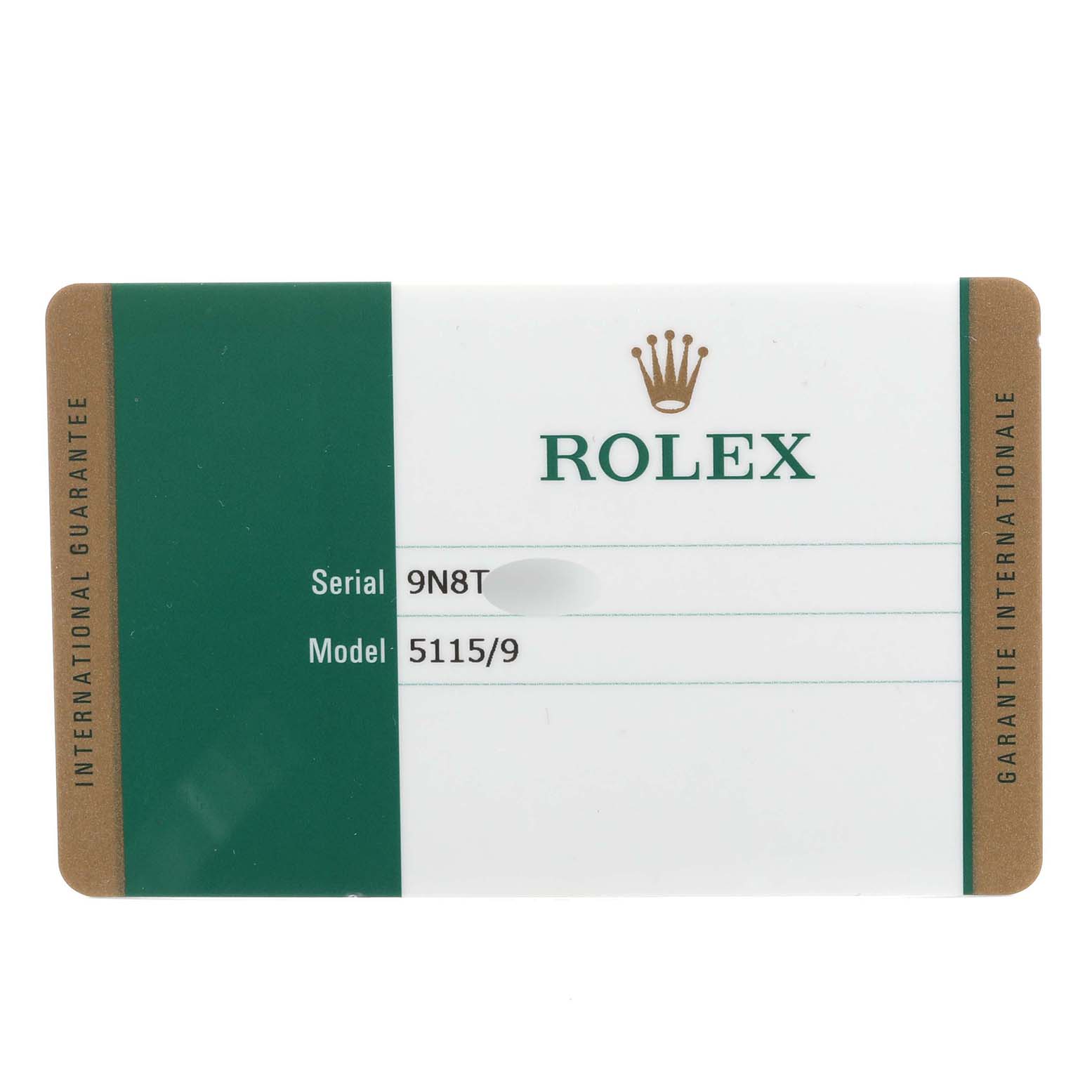 The image shows the warranty card for the Rolex Cellini 5115/9 Men's White Gold White Dial 5115/9 Men's White Gold White Dial model with serial number 9N8T and model number 5115/9.