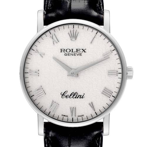 This is a front view of the Rolex Cellini watch, showing the dial, hands, crown, and part of the leather strap.