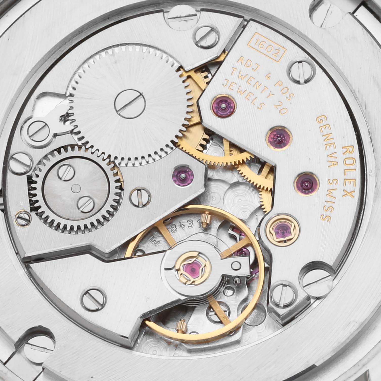 This is a close-up view of the intricate movement mechanism of a Rolex Cellini 5115/9 Men's White Gold White Dial 5115/9 Men's White Gold White Dial watch.