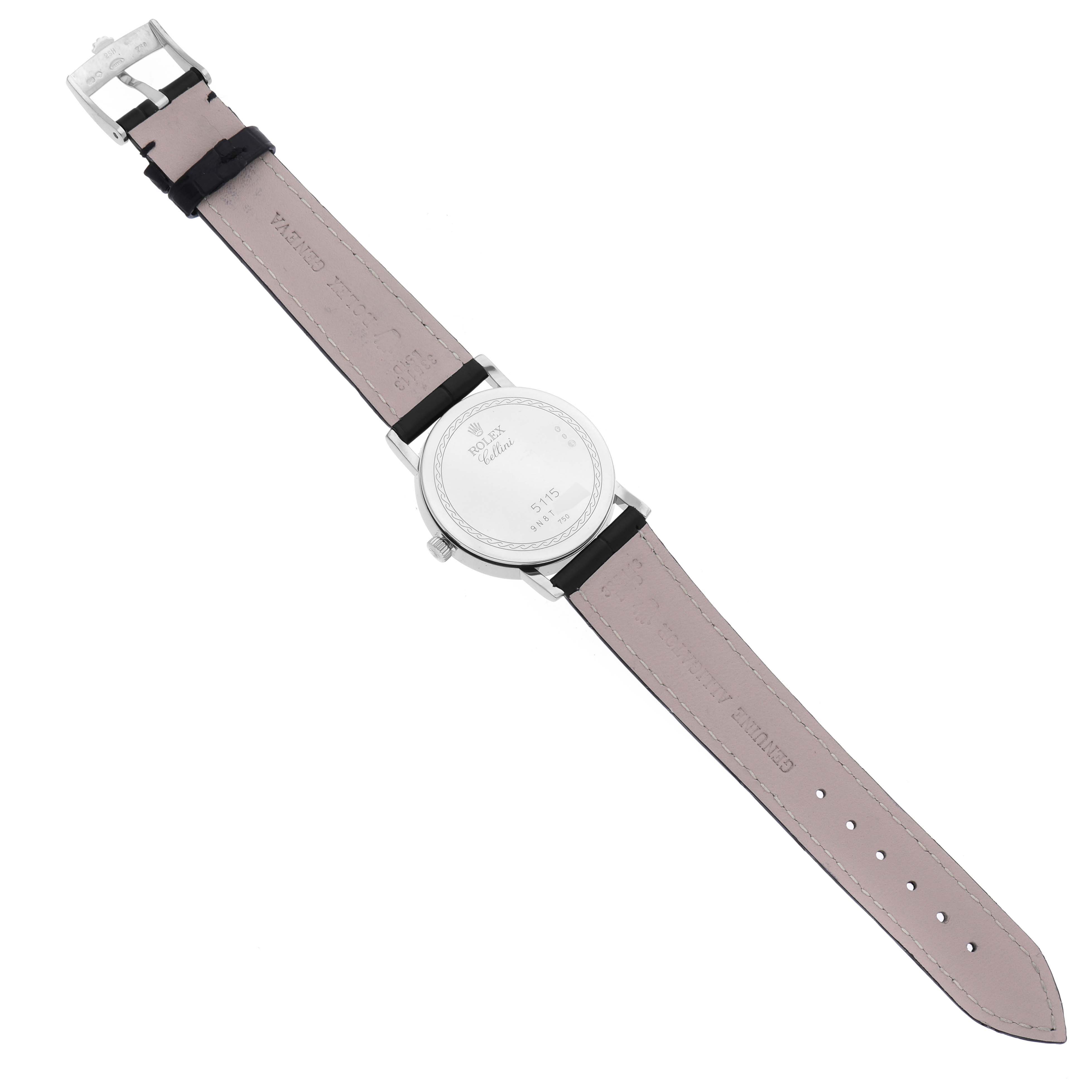 The image shows the back view of a Rolex Cellini 5115/9 Men's White Gold White Dial 5115/9 Men's White Gold White Dial watch with an off-white leather strap fully extended.