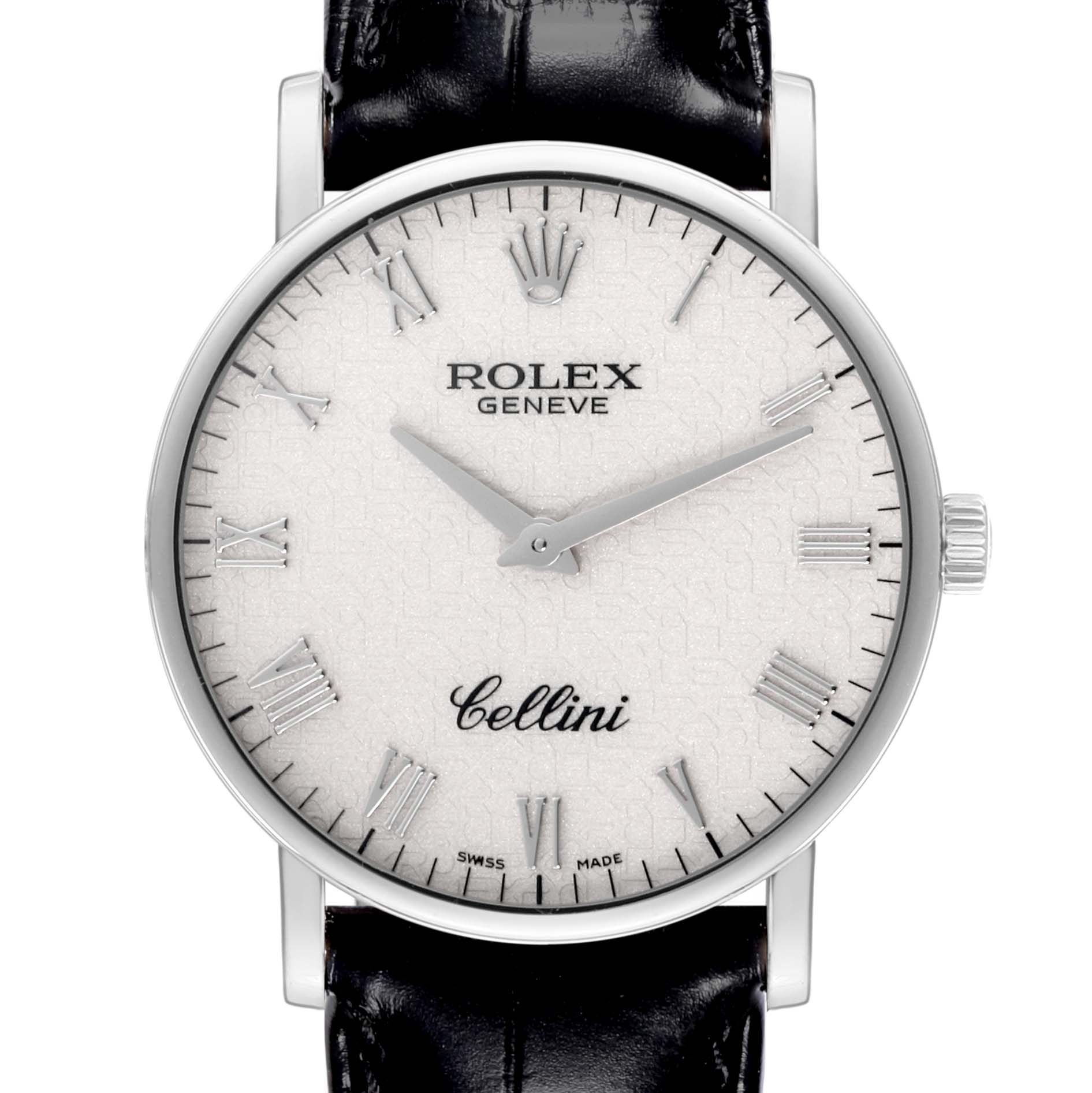The image shows a frontal view of a Rolex Cellini 5115/9 Men's White Gold White Dial 5115/9 Men's White Gold White Dial watch, displaying its dial, hands, and part of the leather strap.
