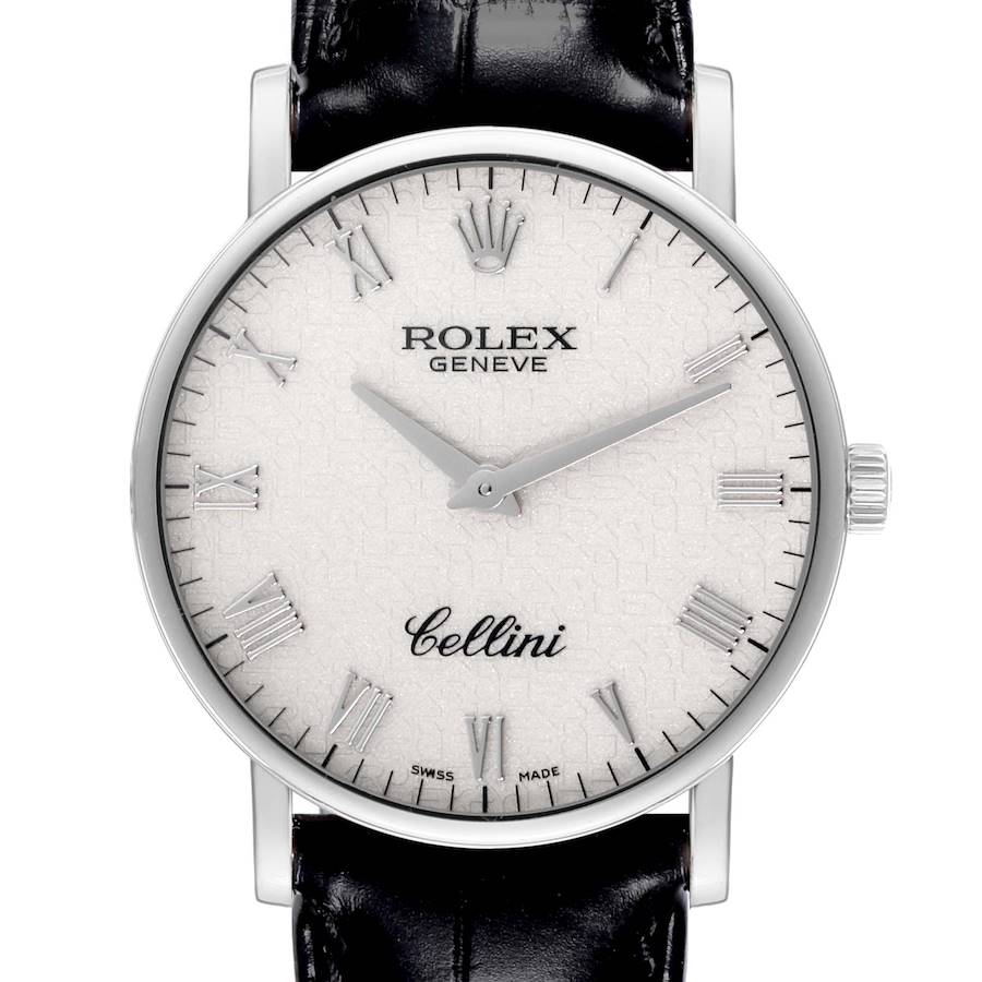 The image shows a frontal view of a Rolex Cellini watch, displaying its dial, hands, and part of the leather strap.