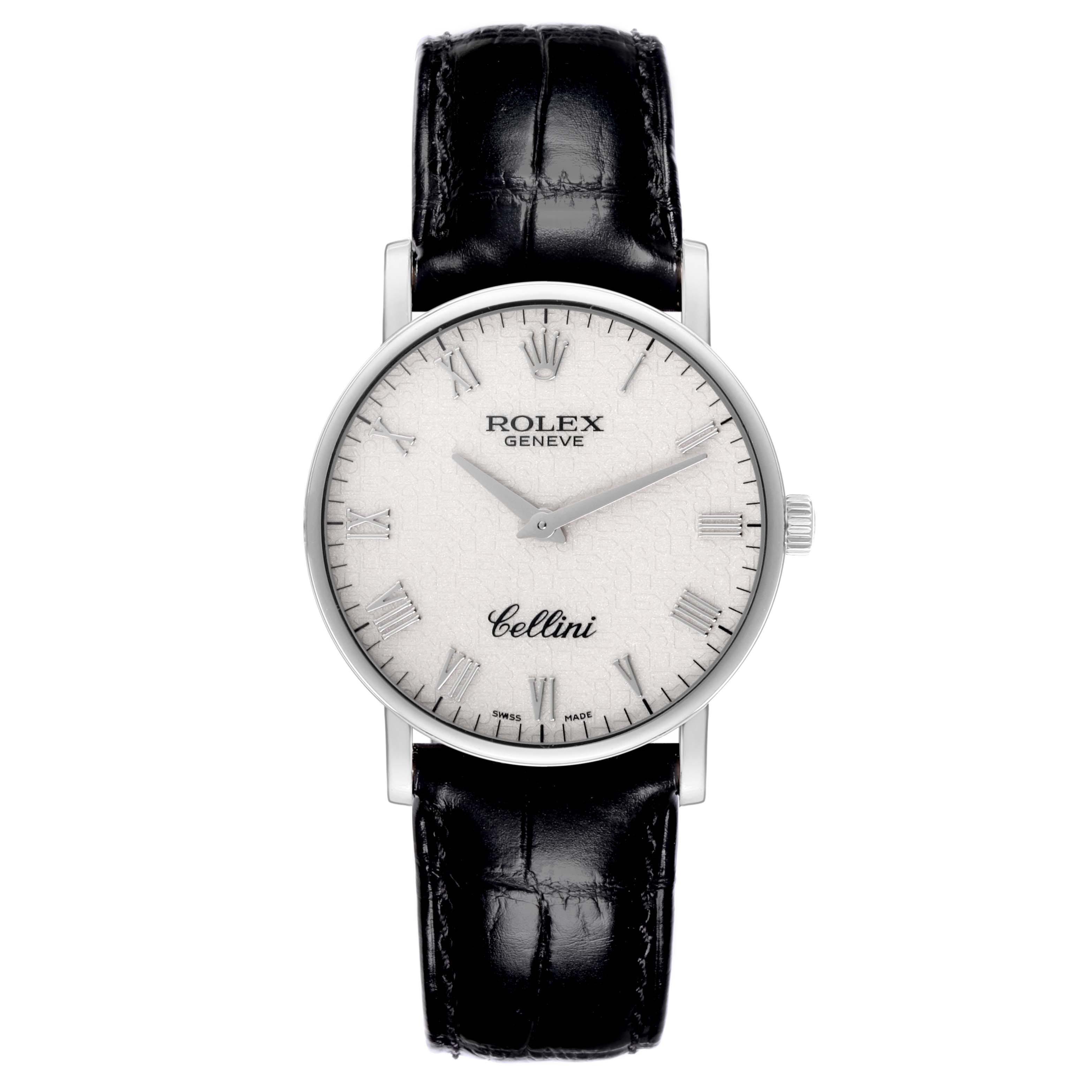 The image shows a front view of a Rolex Cellini 5115/9 Men's White Gold White Dial 5115/9 Men's White Gold White Dial watch, highlighting its dial, hands, and black leather strap.