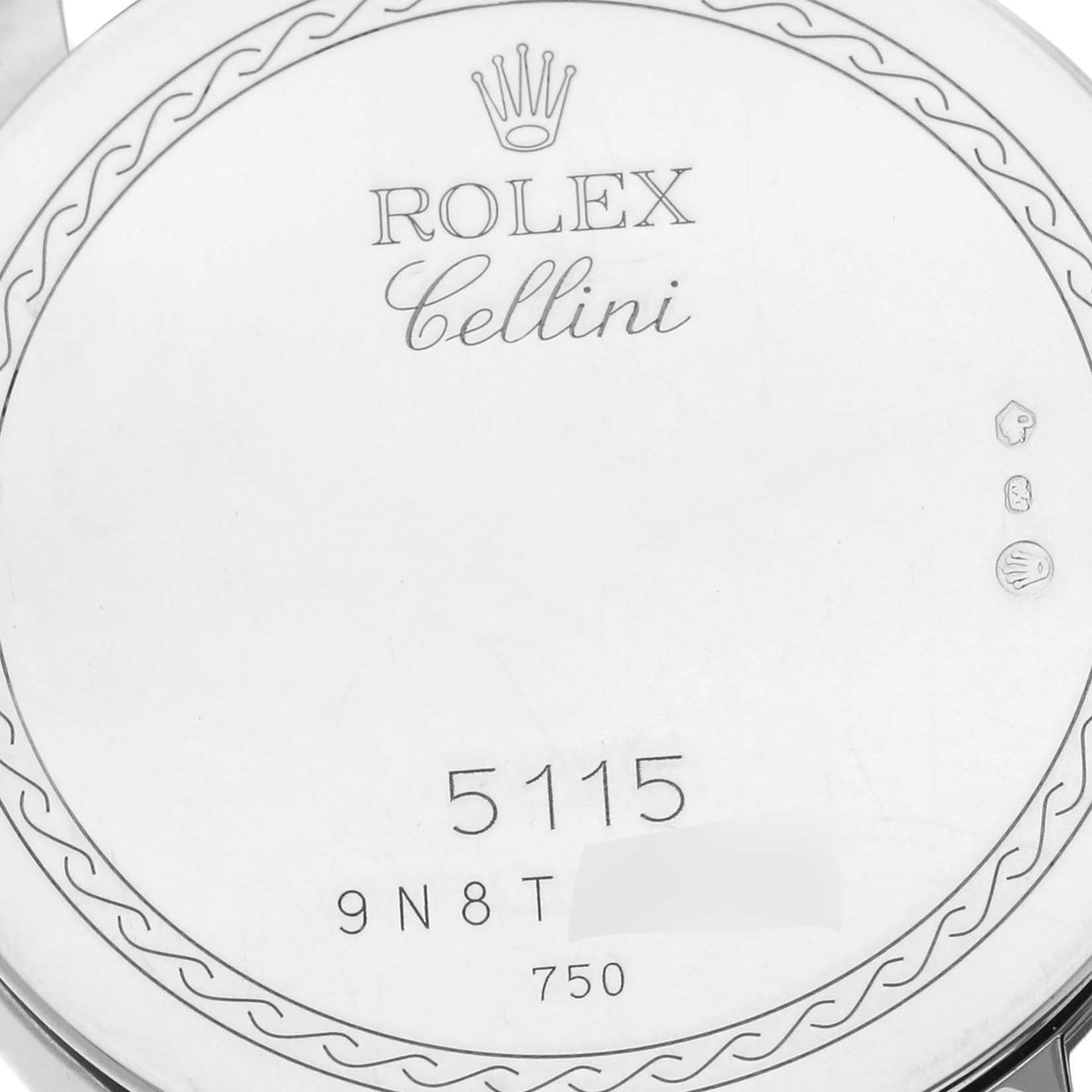 This image shows the back case of a Rolex Cellini 5115/9 Men's White Gold White Dial 5115/9 Men's White Gold White Dial watch, displaying the brand logo, model name, and serial number.