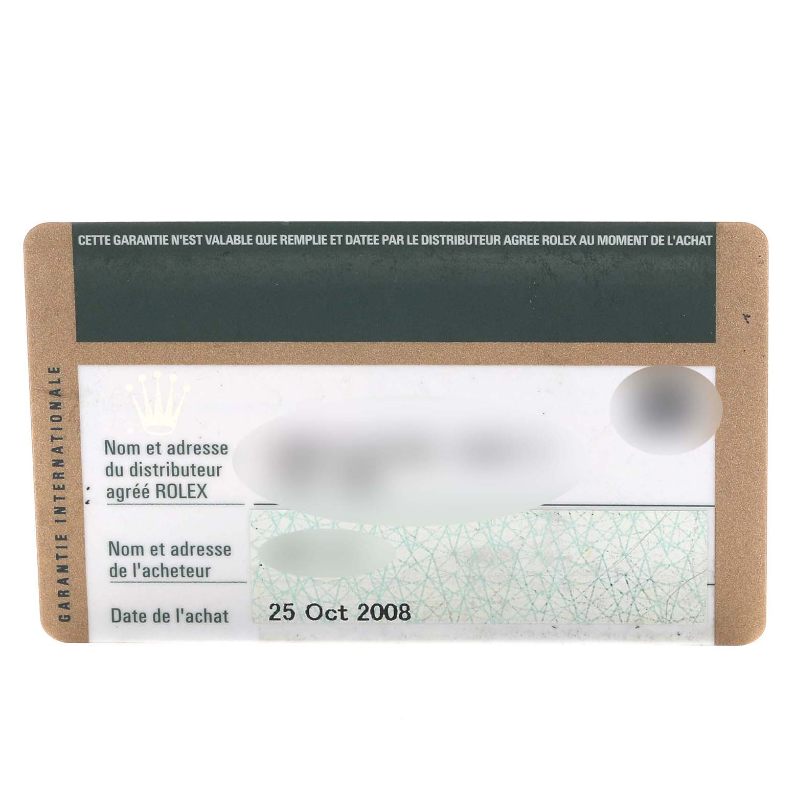 The image shows a close-up of the international warranty card for the Rolex Cellini 4233/9 Men's White Gold White Dial 4233/9 Men's White Gold White Dial model.