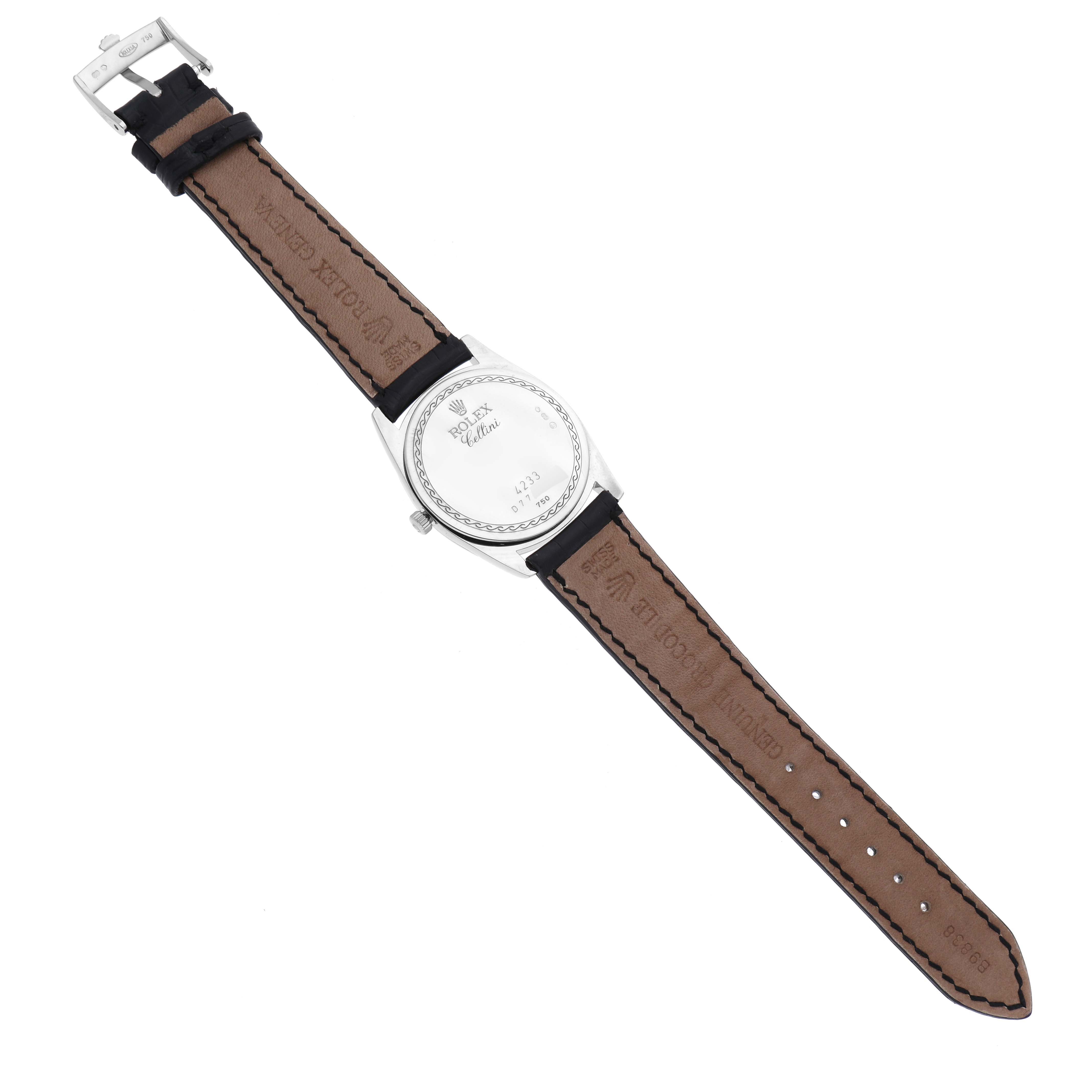 The Rolex Cellini 4233/9 Men's White Gold White Dial 4233/9 Men's White Gold White Dial watch is shown from a top-down angle, displaying its back case and full leather strap.
