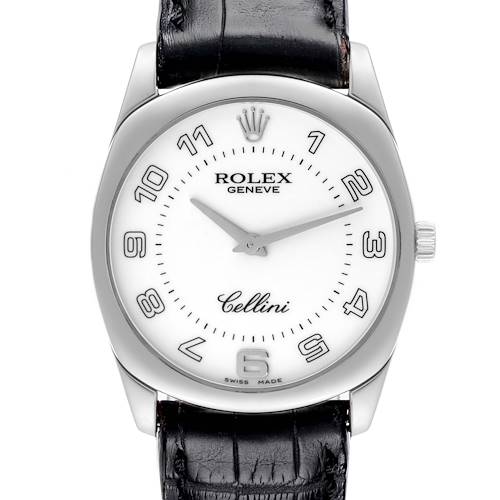 The image shows a frontal view of a Rolex Cellini watch, displaying the face, bezel, and part of the black leather strap.