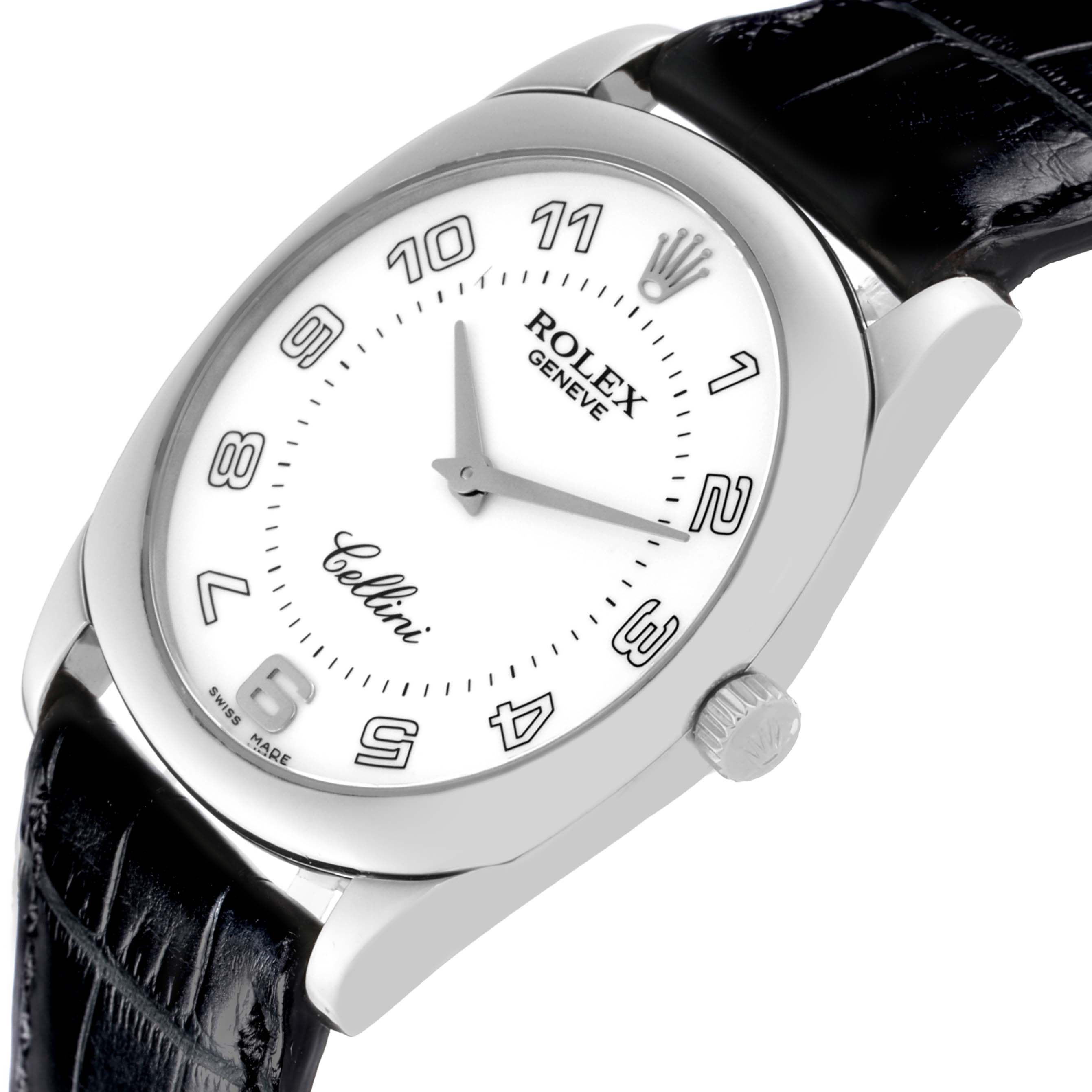 This image displays a Rolex Cellini 4233/9 Men's White Gold White Dial 4233/9 Men's White Gold White Dial watch at a slight angle, showing the dial, crown, and part of the leather strap.