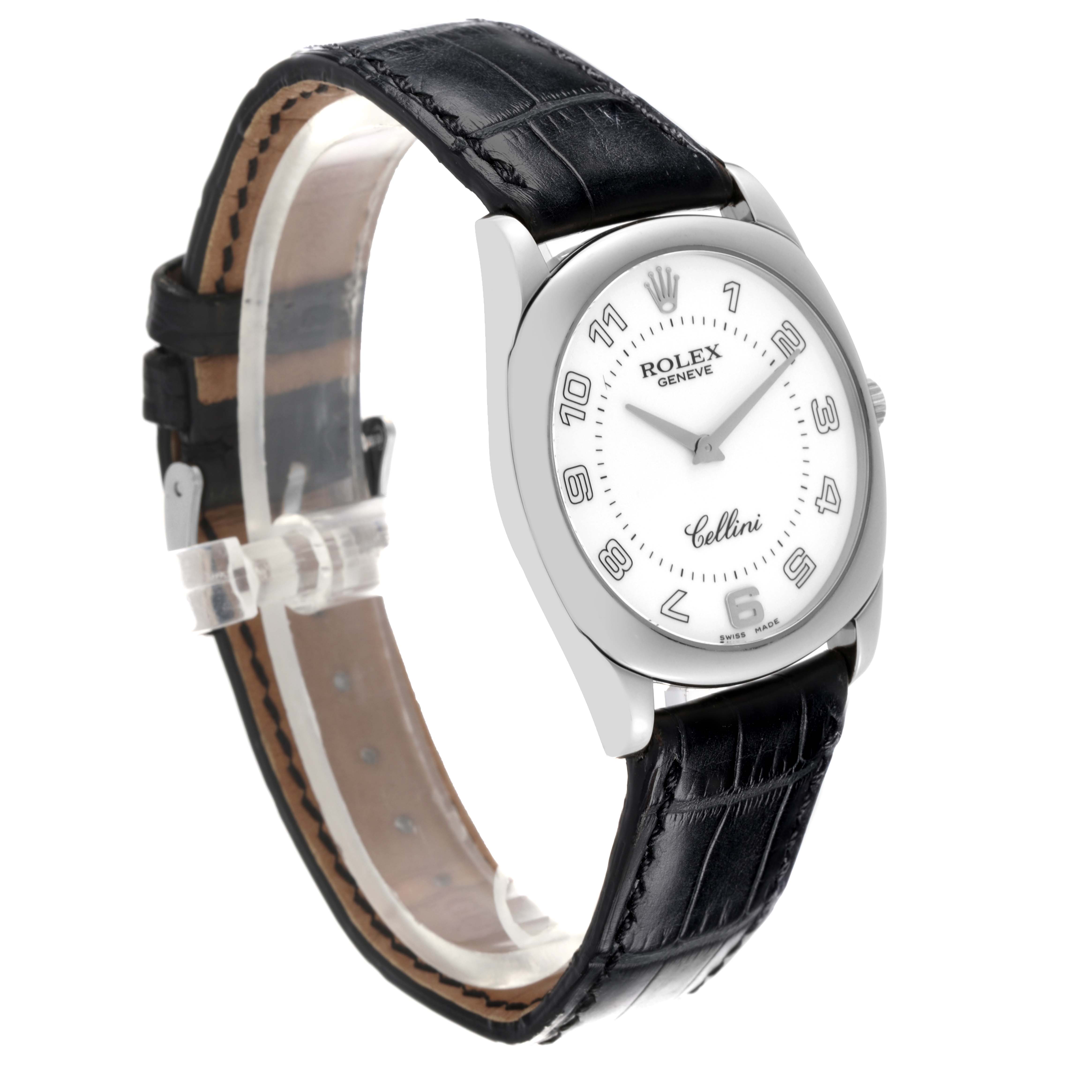 The image shows a Rolex Cellini 4233/9 Men's White Gold White Dial 4233/9 Men's White Gold White Dial watch at a slight angle, highlighting its white dial, silver case, and black leather strap.