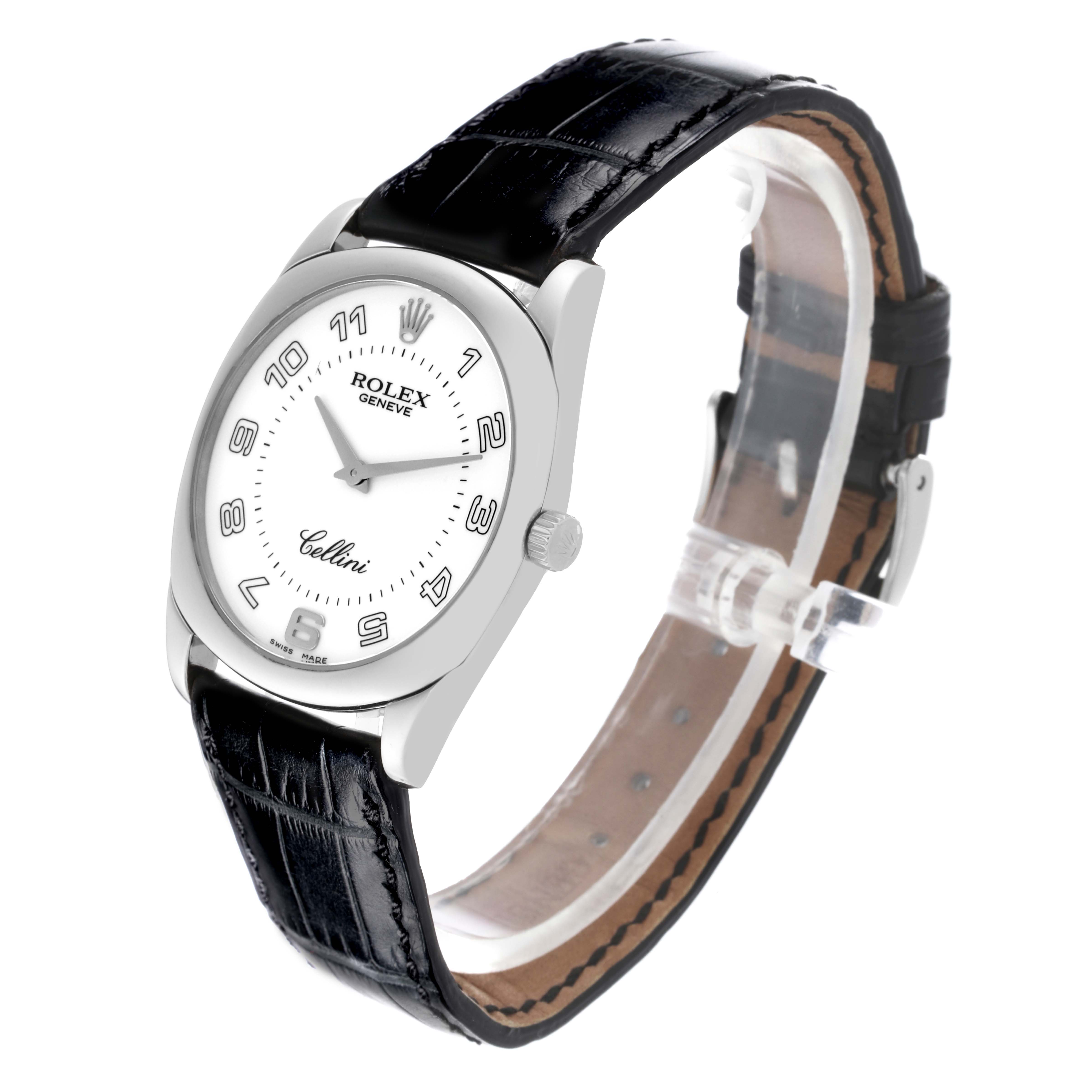 This image shows a Rolex Cellini 4233/9 Men's White Gold White Dial 4233/9 Men's White Gold White Dial watch at an angled side view, highlighting its black leather strap and white dial.